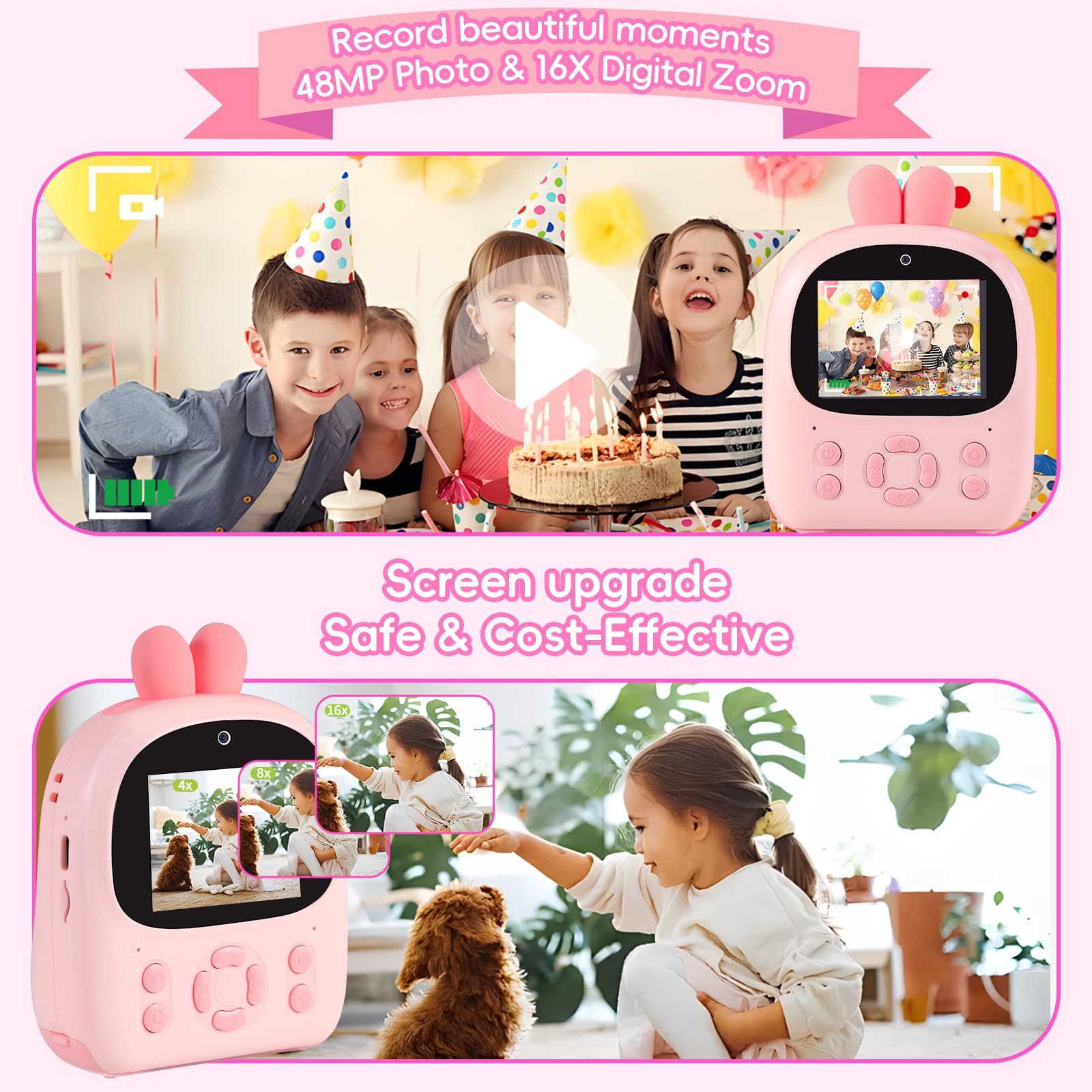 Appareil photo à impression instantanée pour enfants, caméras vidéo numériques HD 1080p avec papier d'impression 3 et carte de 32 Go, cadeau d'anniversaire pour filles et garçons âgés de 3 à 12 ans