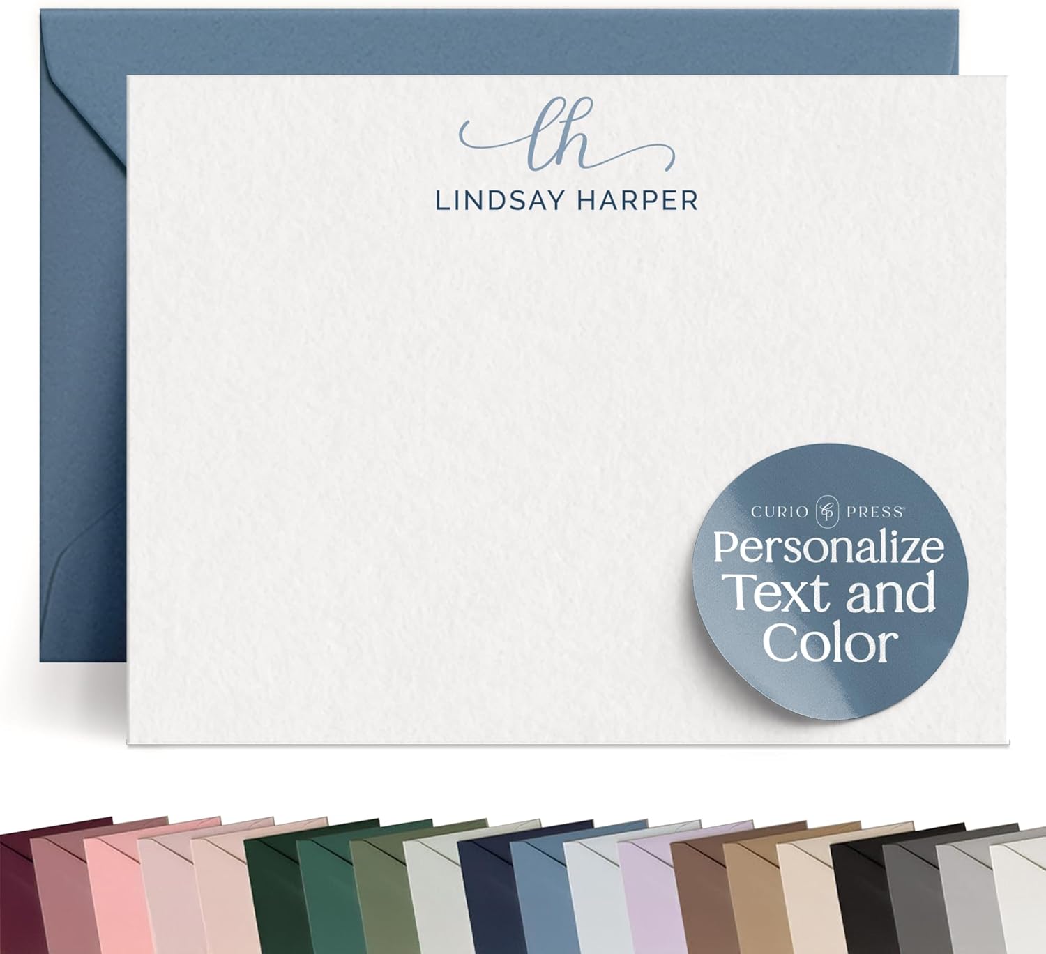Curio Press Monogrammed Stationery Set, Custom Note Cards with Name & 2 Letter Monogram Thank You Cards with Envelopes, Personalized Notecards Stationary Set for Women and Girls - Rosalina Mono Flat
