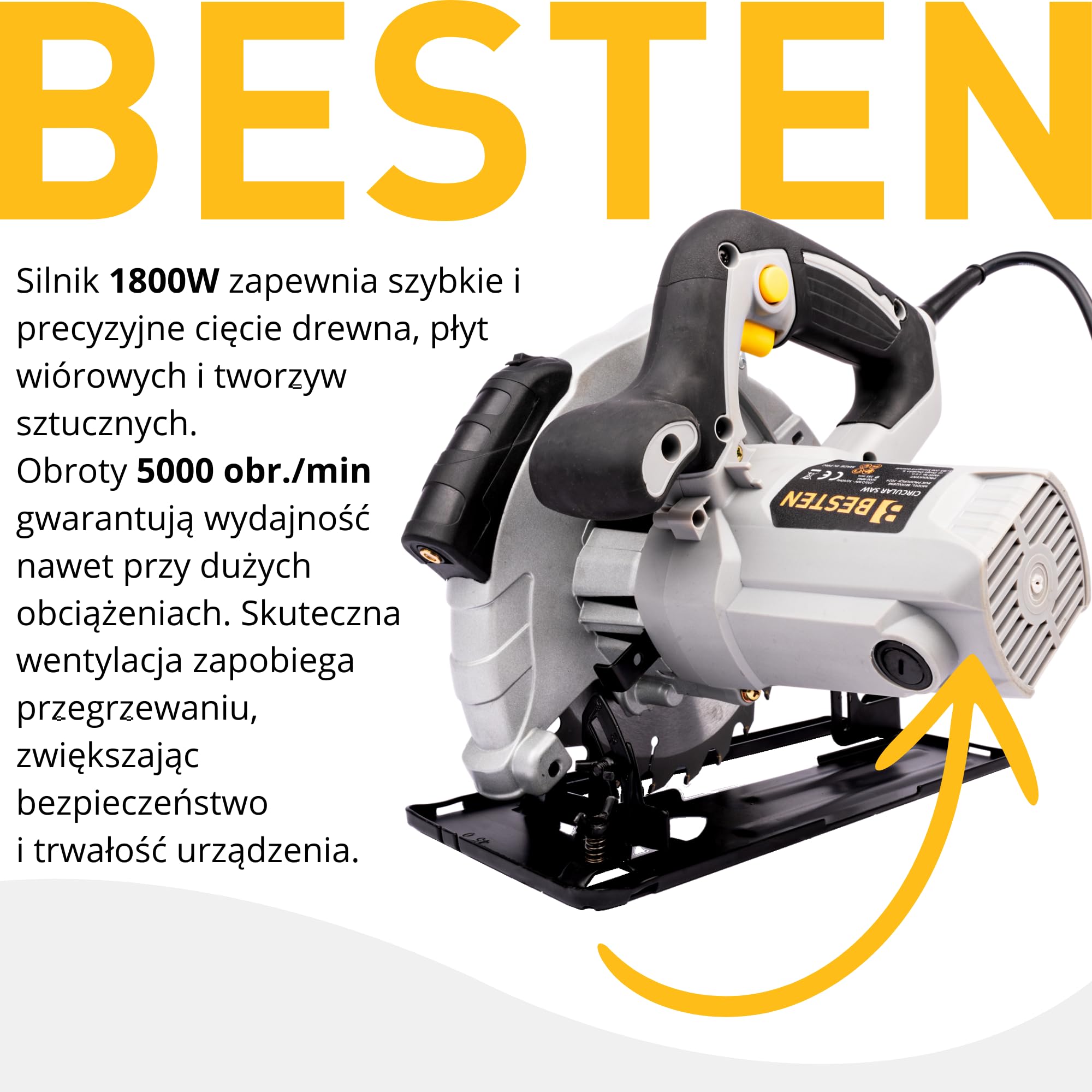 Piła tarczowa ręczna 2000W 185 mm do drewna, laser, 3 tarcze 24T 40T 60T, cięcie 65 mm, regulacja 0–45°, odsysanie pyłu BESTEN