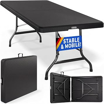 CASARIA  6ft Folding Table, Spacious 180x75cm Plastic Tabletop & Sturdy Metal Frame | Foldable Portable Waterproof Easy Assembly | Buffet Picnic Party BBQ Camping Indoor Outdoor | Black Rattan Look