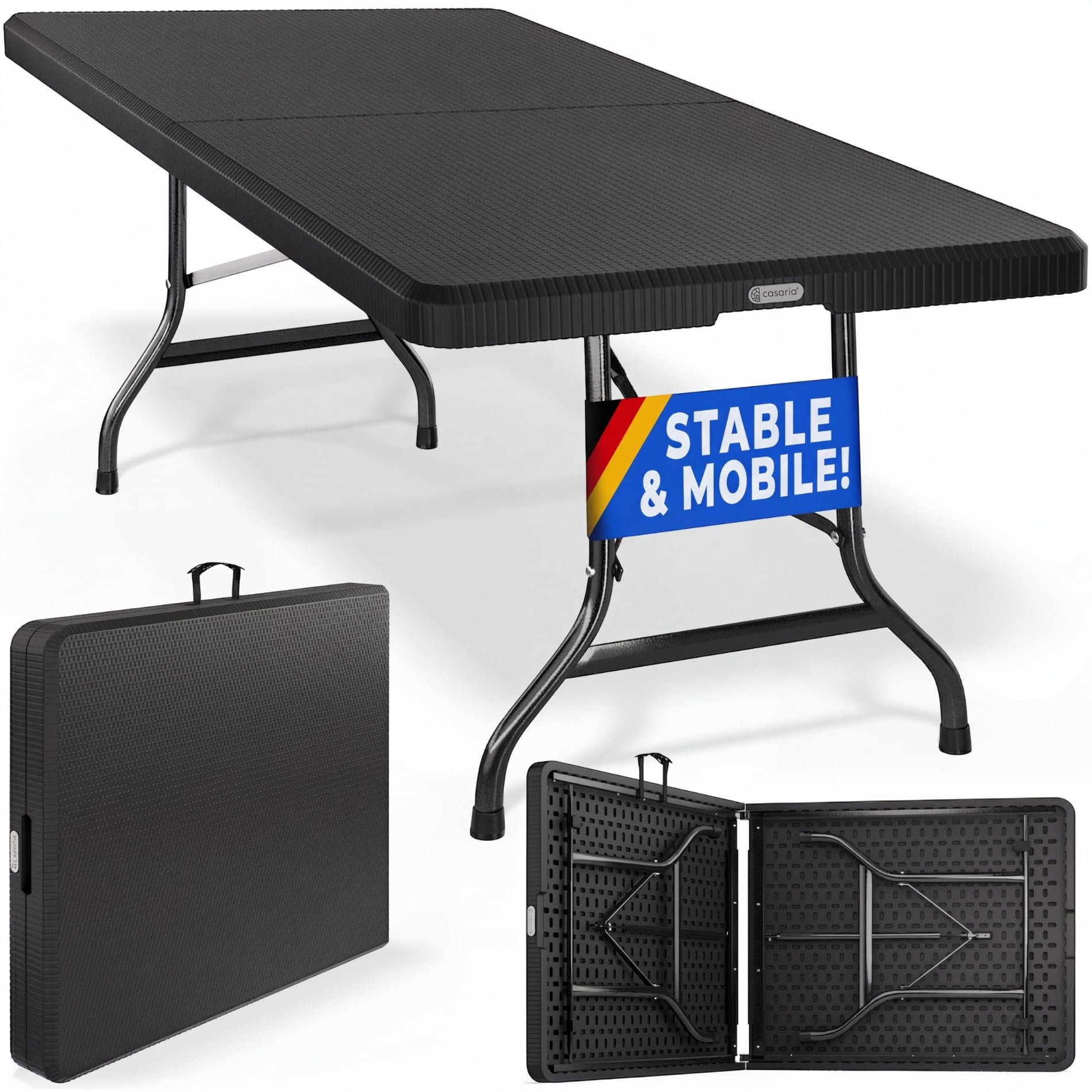 CASARIA® 6ft Folding Table, Spacious 180x75cm Plastic Tabletop & Sturdy Metal Frame | Foldable Portable Waterproof Easy Assembly | Buffet Picnic Party BBQ Camping Indoor Outdoor | Black Rattan Look