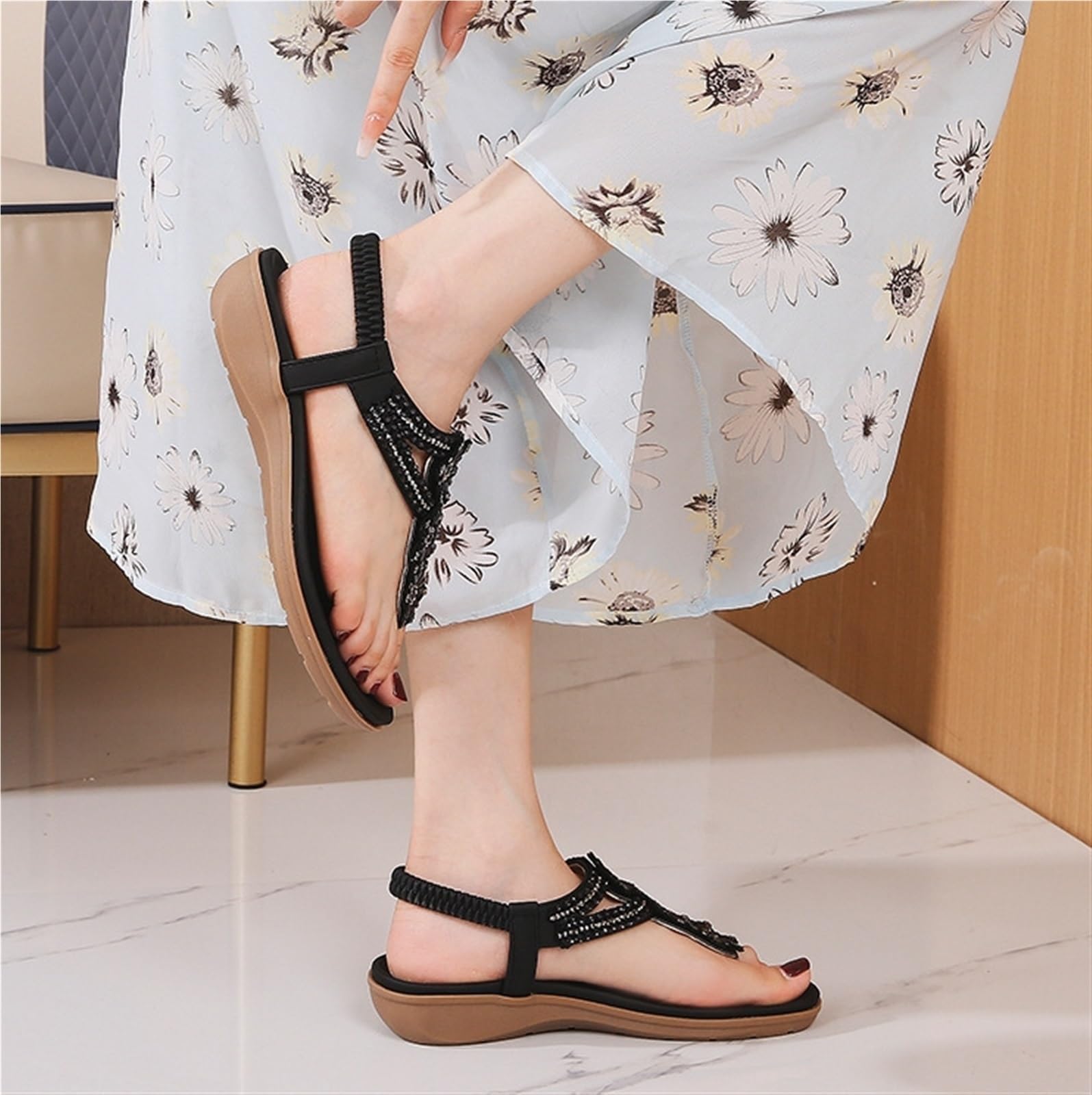 Donna Pizzicare la punta del piede Sandali Strass Perline Boemo Vestito Ciabatte infradito Gladiatore Scarpe Comfort Punta aperta Elastico Cinghia Sandali