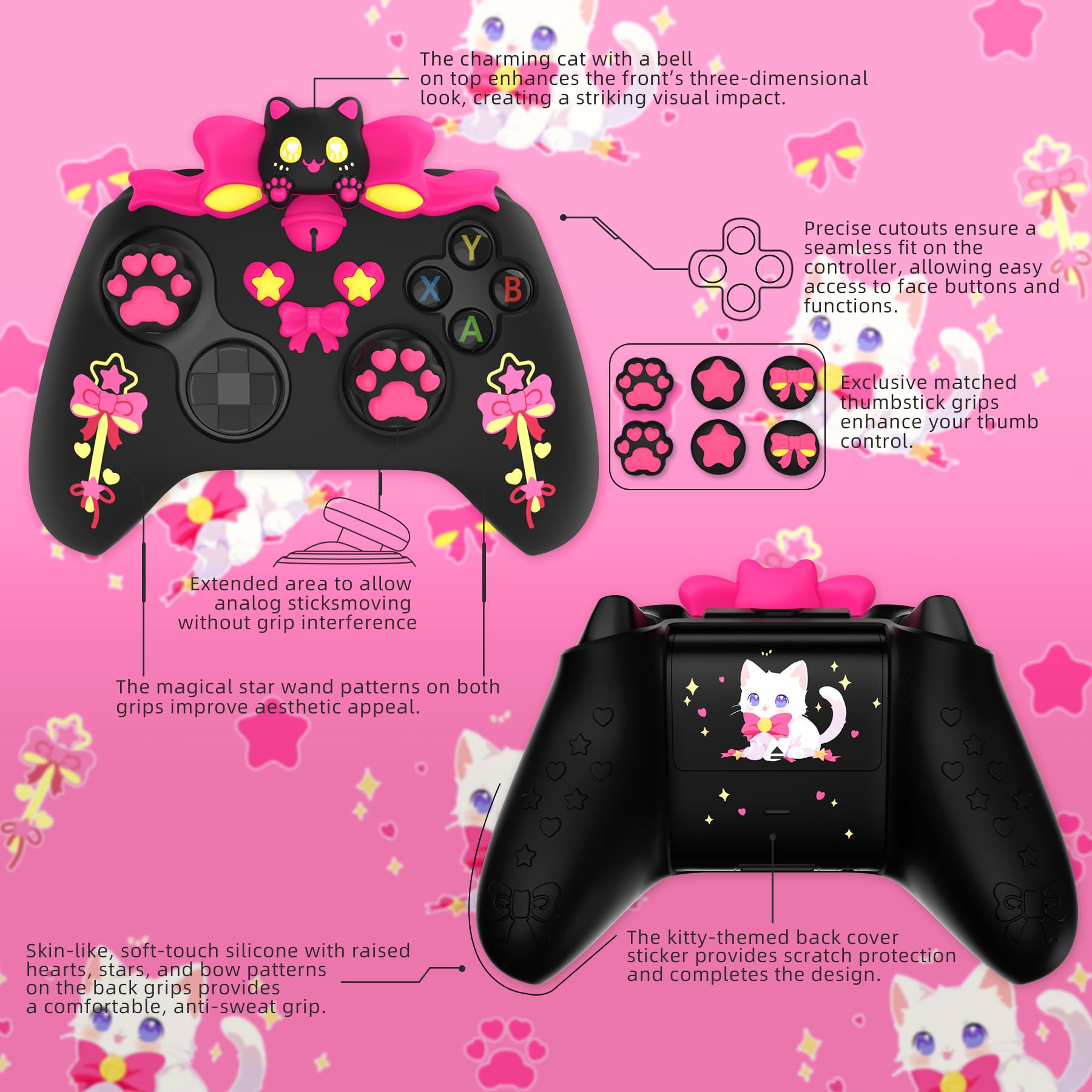 playvital Cover Silicone per Xbox Series X S Joystick,Custodia Controller Skin Antiscivolo Protettiva&6 Copri Levette Analogiche-Gattino Carino-Nero