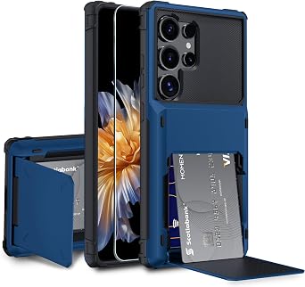 Compatible with Samsung Galaxy S25 Ultra 5G Case Built-in Card Holder[Store 5 Cards]+Screen Protector,RFID Protection,Dual Layer TPU Heavy Duty Shockproof Phone Case,2025 Blue