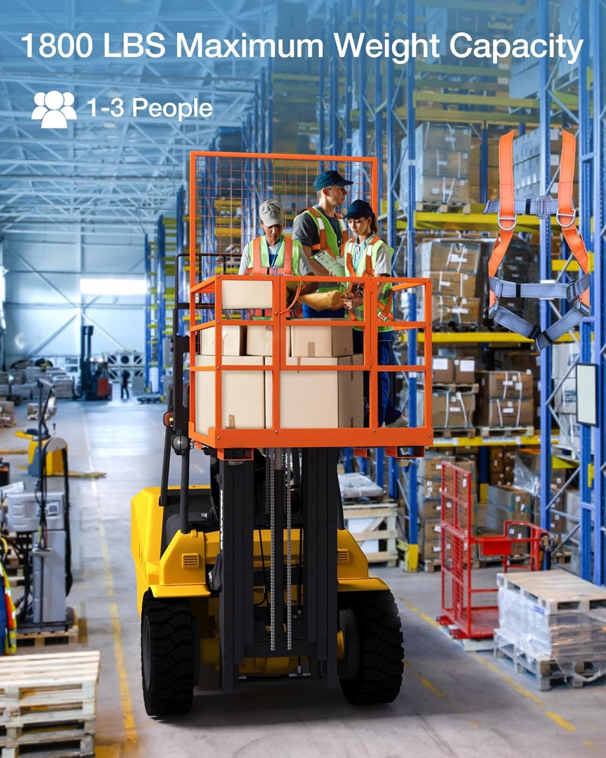 Forklift Platform Safety Cage,Work Platform for Loader,43"x45" Man Basket for Forklift,1800lbs Capacity with Safety Harness & Lock,2-Man Collapsible Lift Basket for Lifting Loader (Orange)