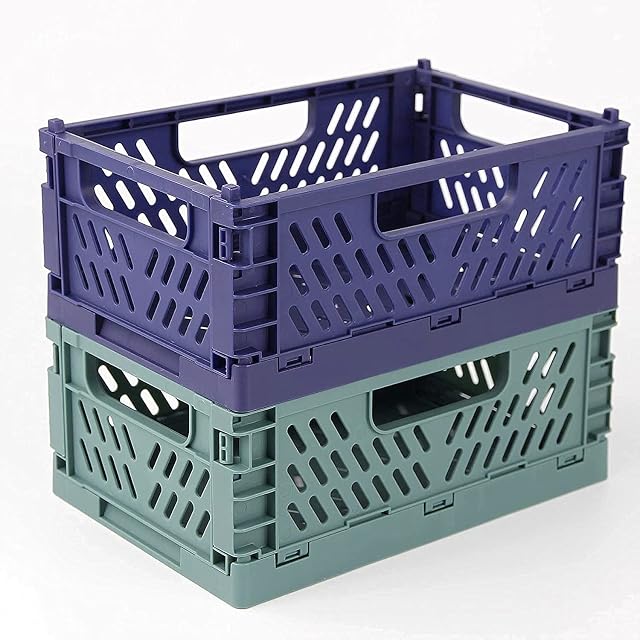 Spesh 2 Pcs Collapsible Storage Crates Plastic Storage Baskets Stackable Folding Basket Bin with Handle for Kitchen,Office,Bedroom (22*15*9cm, Blue + Dark Green)