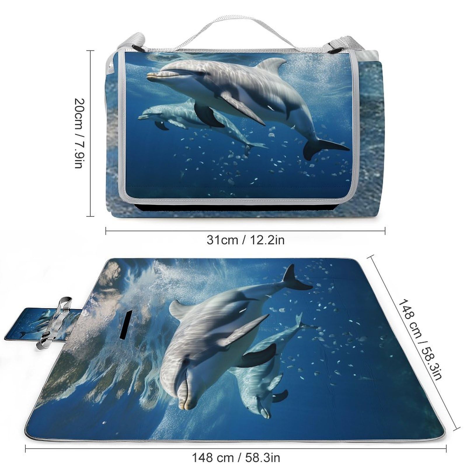 Simpatico tappetino da picnic con delfini, pieghevole, impermeabile, con borsa per tote, grande tappetino da picnic all'aperto, 147,3 x 147,3 cm, coperta da campeggio per spiaggia, parco