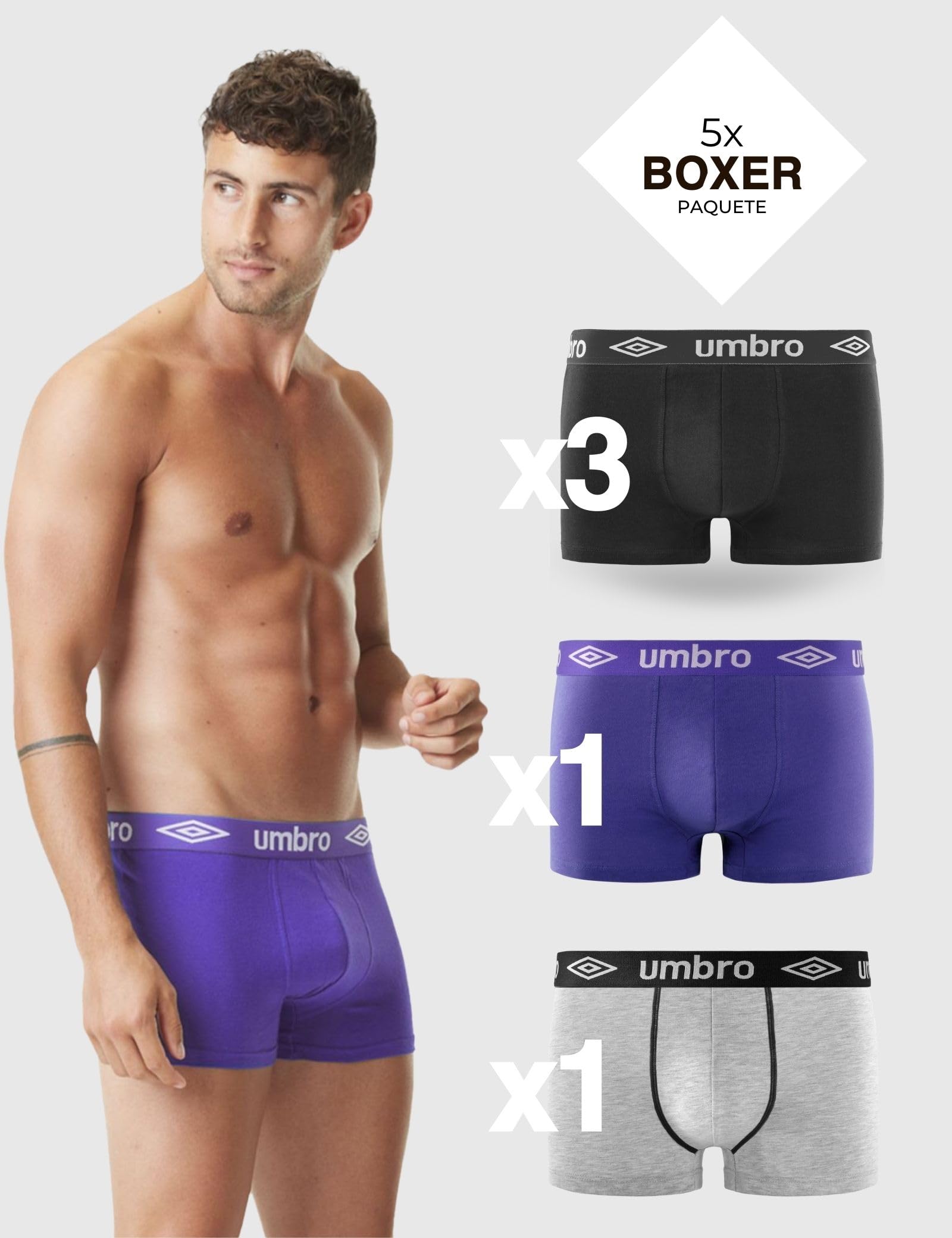 Umbro Calzoncillos Hombre Boxer 100% Algodón, Ropa Interior Hombre, Sostenible, Natural (Lote de 5)