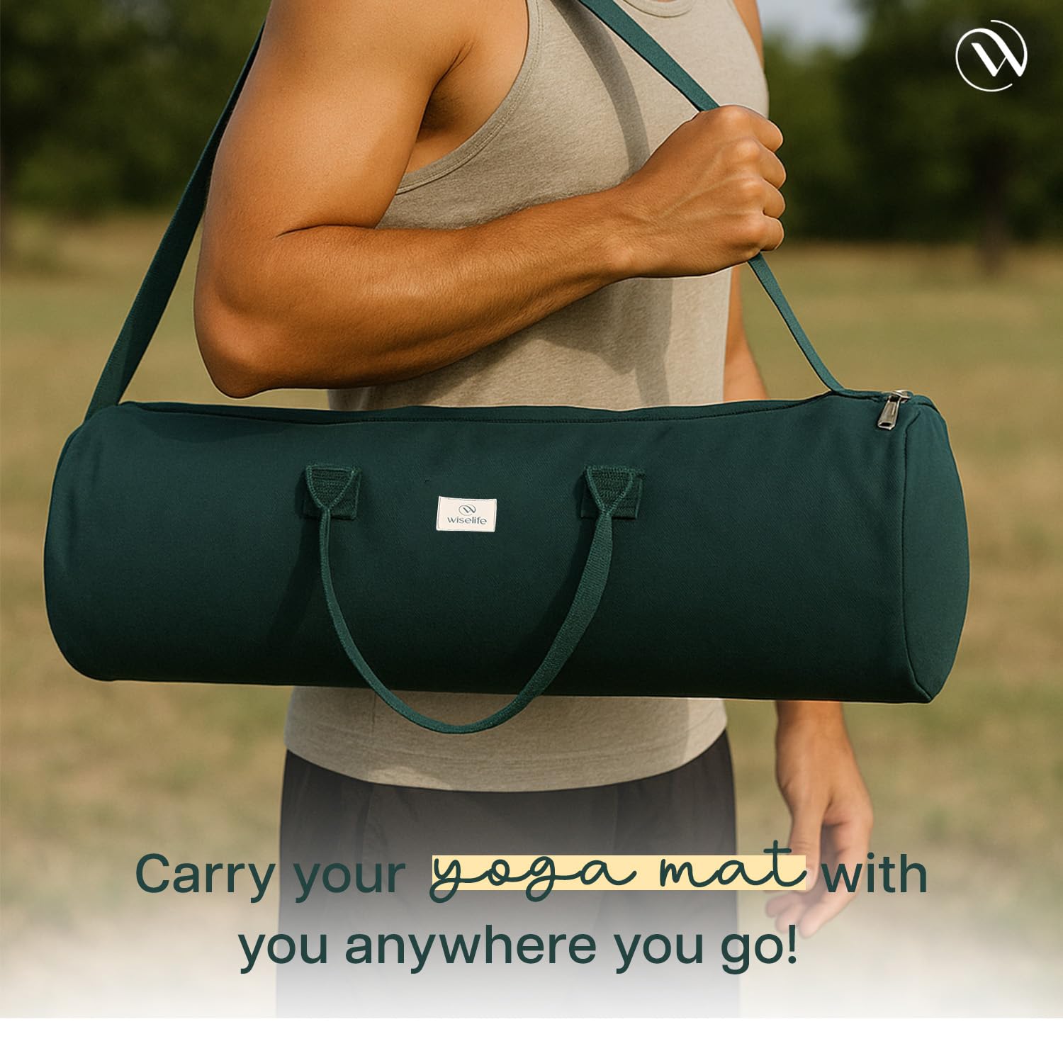Wiselife Yoga Mat Bag for XL Mats β Green | Durable Cotton Canvas, Full Zip Closure, Adjustable Strap, Spacious Side Pocket | Yoga Mat Carry Bag for Men & Women 3