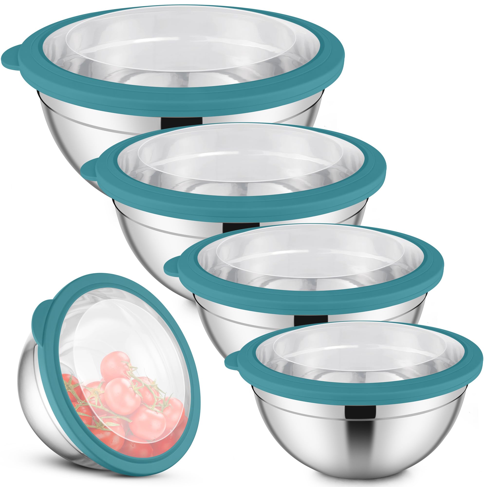 Herogo Lot de 5 bols à salade en acier inoxydable avec couvercle hermétique transparent, 4,5 l / 2,7 l / 1,5 l / 1,2 l / 0,7 l, empilables et passent au lave-vaisselle, bleu