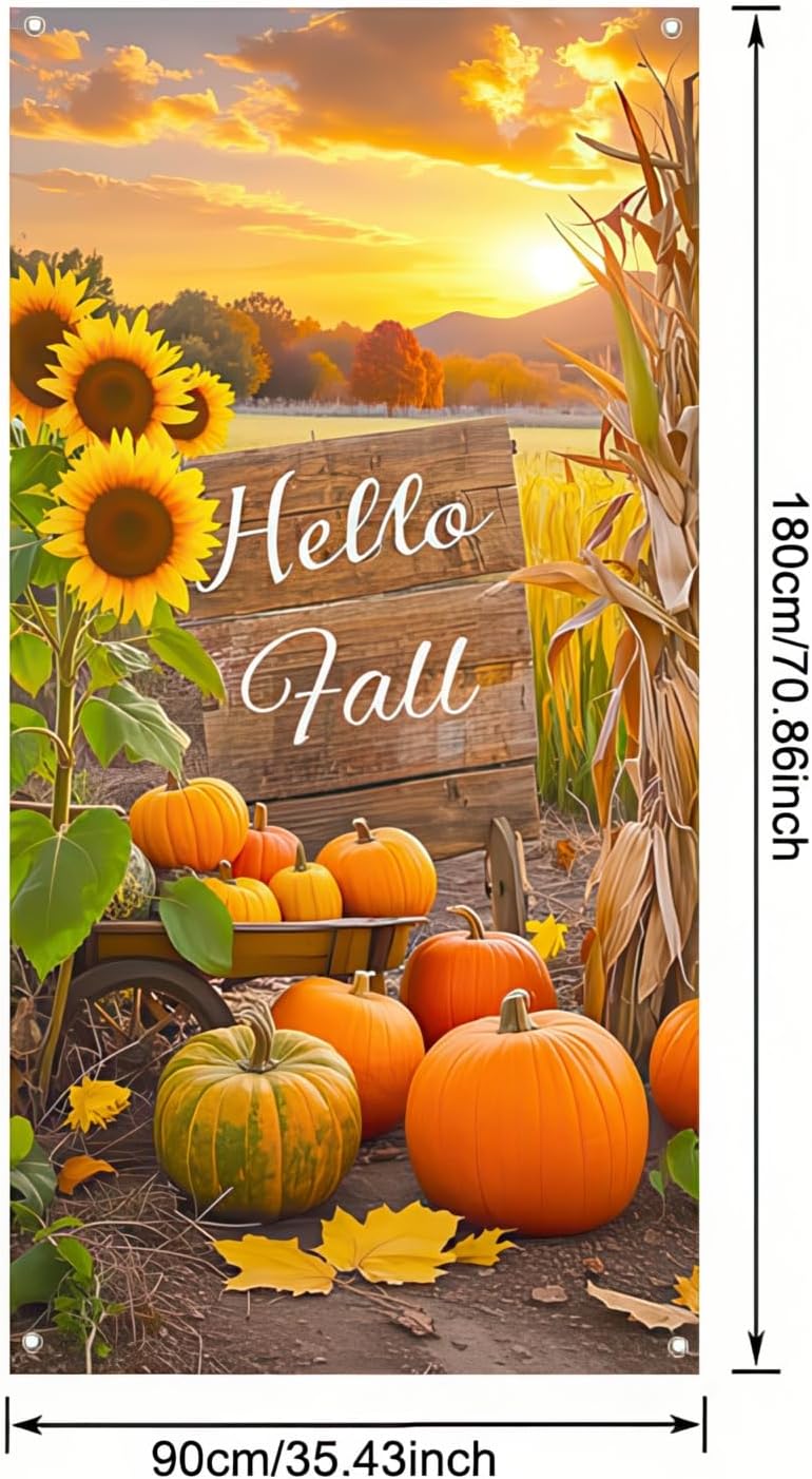 Hello Fall Door Cover Thanksgiving Backdrop Pumpkin Sunflower Wagon Field 71x35 Inch Rustic Autumn Banner for Porch Wall Decor Fall Harvest Photo Booth Props - Image 6