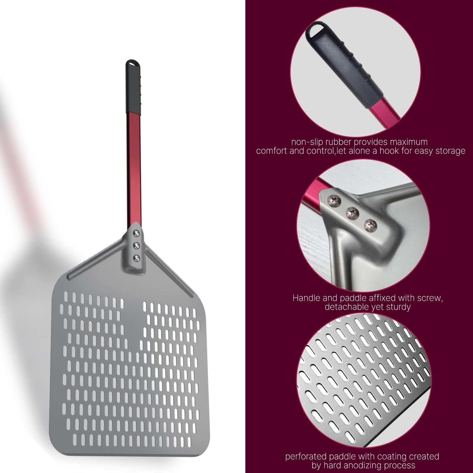 crosson Pala perforada para pizza de 30.5 x 40.6 cm, espátula de pizza, pala ligera para tornear pizza con mango de 40.6 cm de largo, accesorios para horno de pizza, herramientas de pizza, volteador