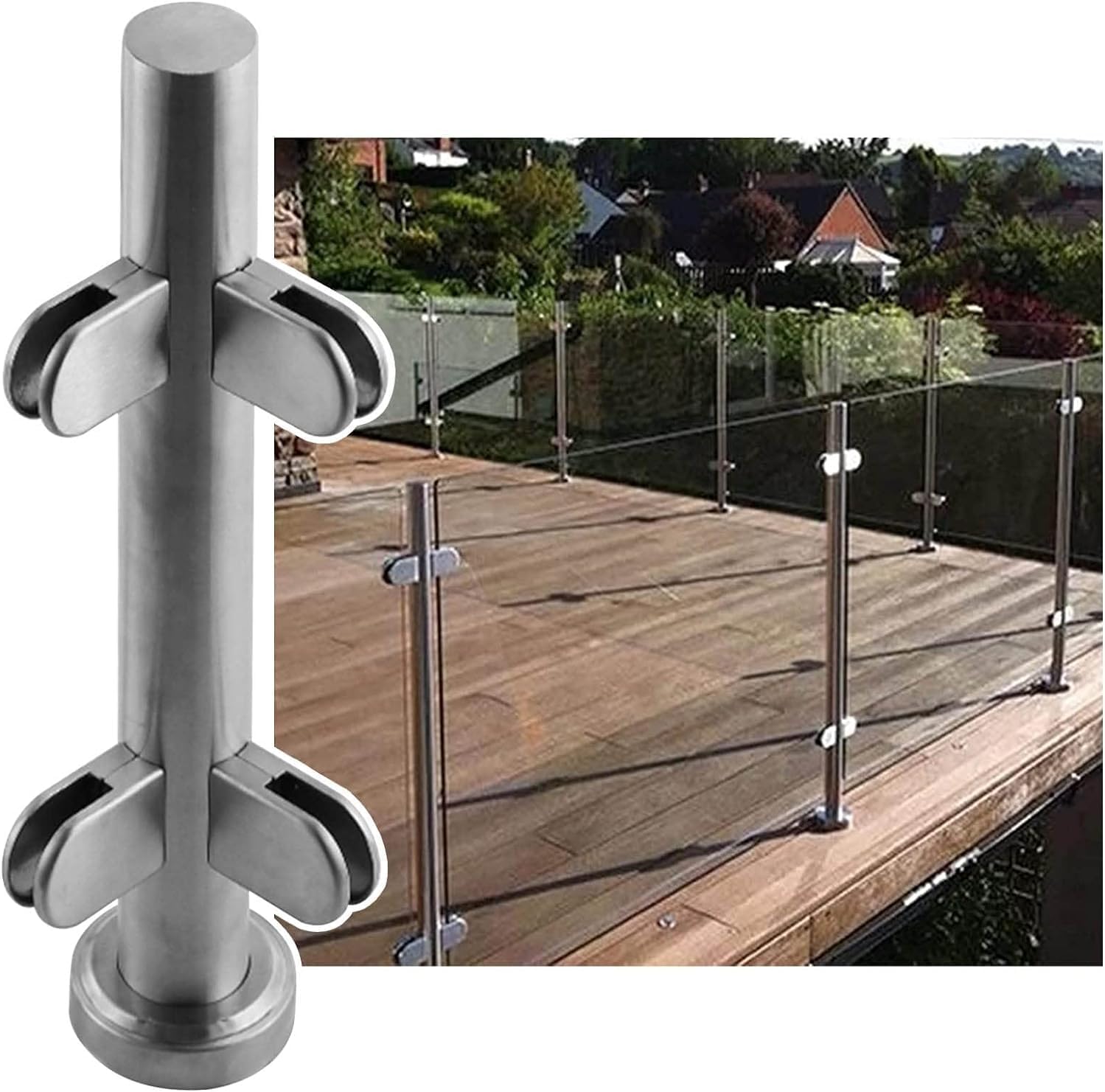 Silver Glass Floor Clamp - 33.5" Balustrade Post for Patio, Balcony, Garden, and Stairs - Safety Glass Railing with Clamps - Durable Glass Panel Support