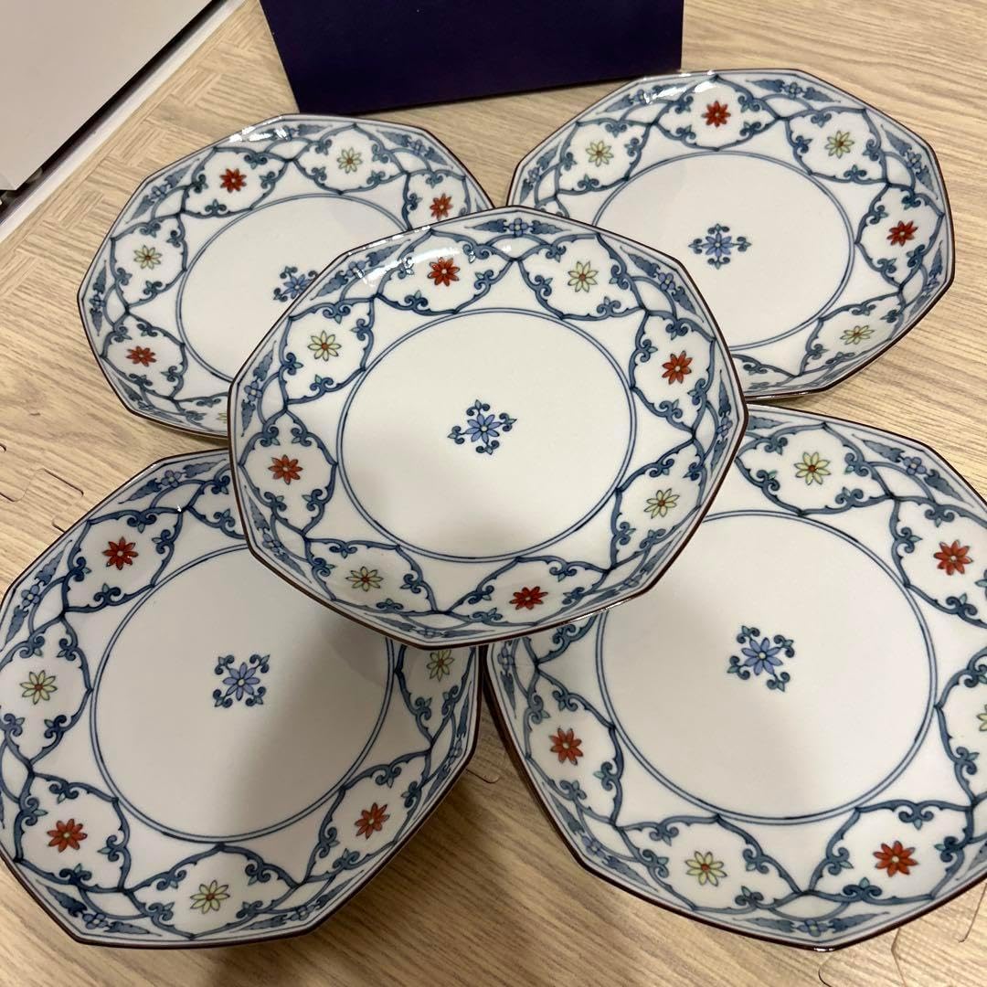 たち吉　中華皿　八角皿　チャーハン皿　5枚セット　中皿揃　宝尽くし　赤絵　色絵 たち吉 中華皿 八角皿 チャーハン皿 5枚セット 中皿揃 宝尽くし