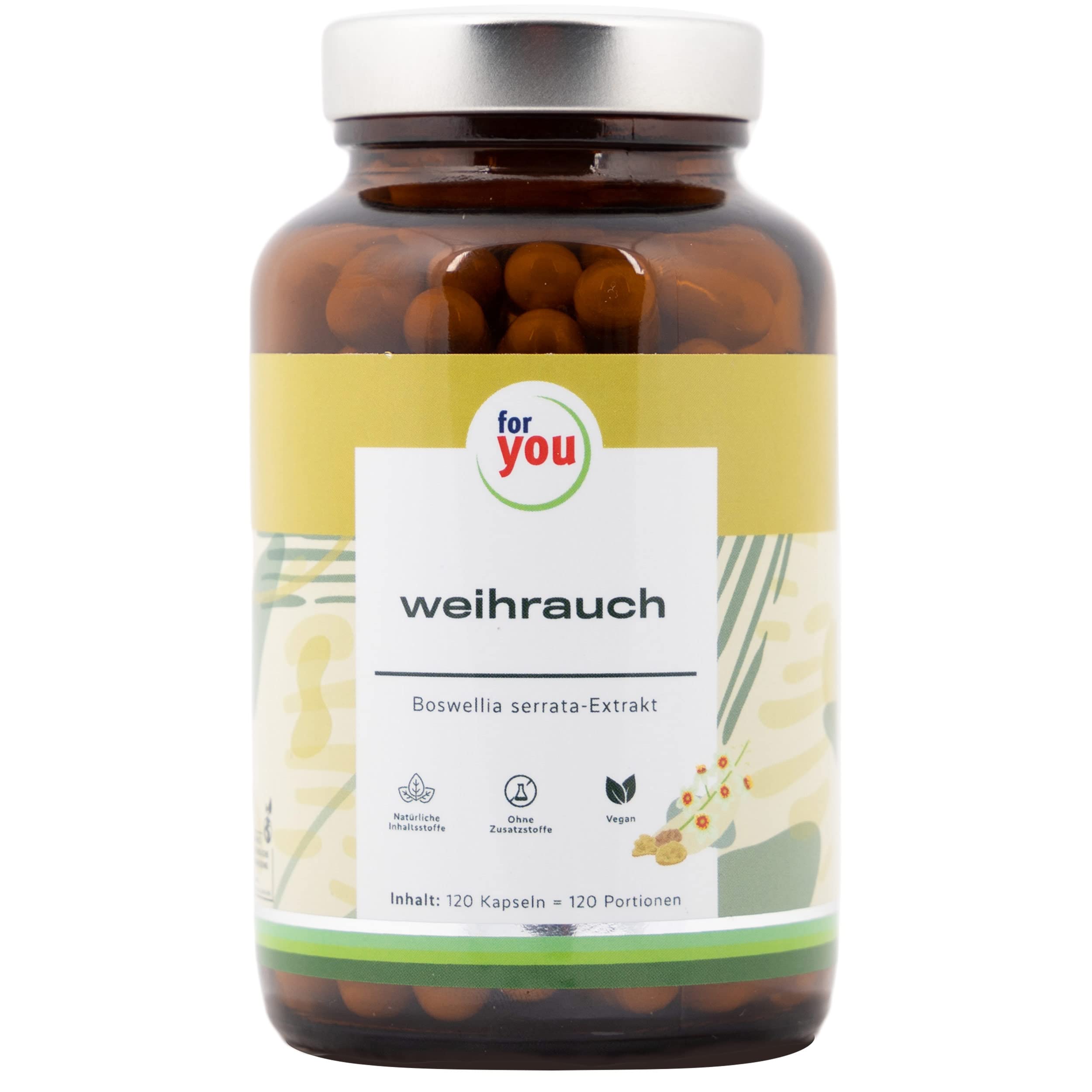 for you Weihrauch Kapseln – 120 Kapseln mit Boswellia Serrata Extrakt, standardisiert auf 65% Boswelliasäuren, plus Ingwerwurzelpulver – 400 mg pro Kapsel