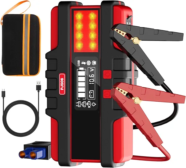 SAFEMATE PJS06 2500A Car Battery Jump Starter, Portable 12v Battery Booster, Jump Box and Charger, with Voltage Detection, Built-in Protection and LED Warning Light for 8.0l Gas and 6.5l Diesel