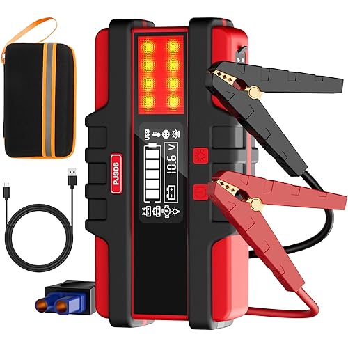 SAFEMATE PJS06 2500A Car Battery Jump Starter, Portable 12v Battery Booster, Jump Box and Charger, with Voltage Detection, Built-in Protection and LED Warning Light for 8.0l Gas and 6.5l Diesel
