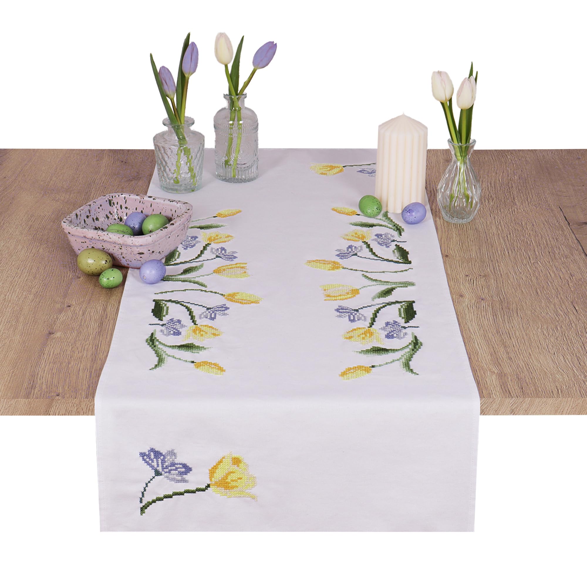 Trimits Tulips Cross Stitch Kit - Table Runner - Includes Printed Fabric, Threads, Needle & Instructions, 40 X 100Cm,