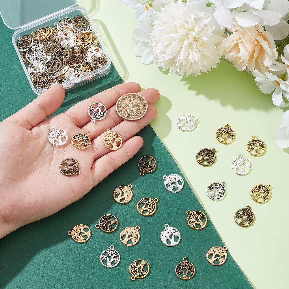 UNICRAFTALE 100Pcs 5 Colors Tree of Life Charms Round Charms with Tree of Life Pendants with Loop Metal Bracelets Charms Hollow Charms for Earring Necklace Jewelry Making - Image 2