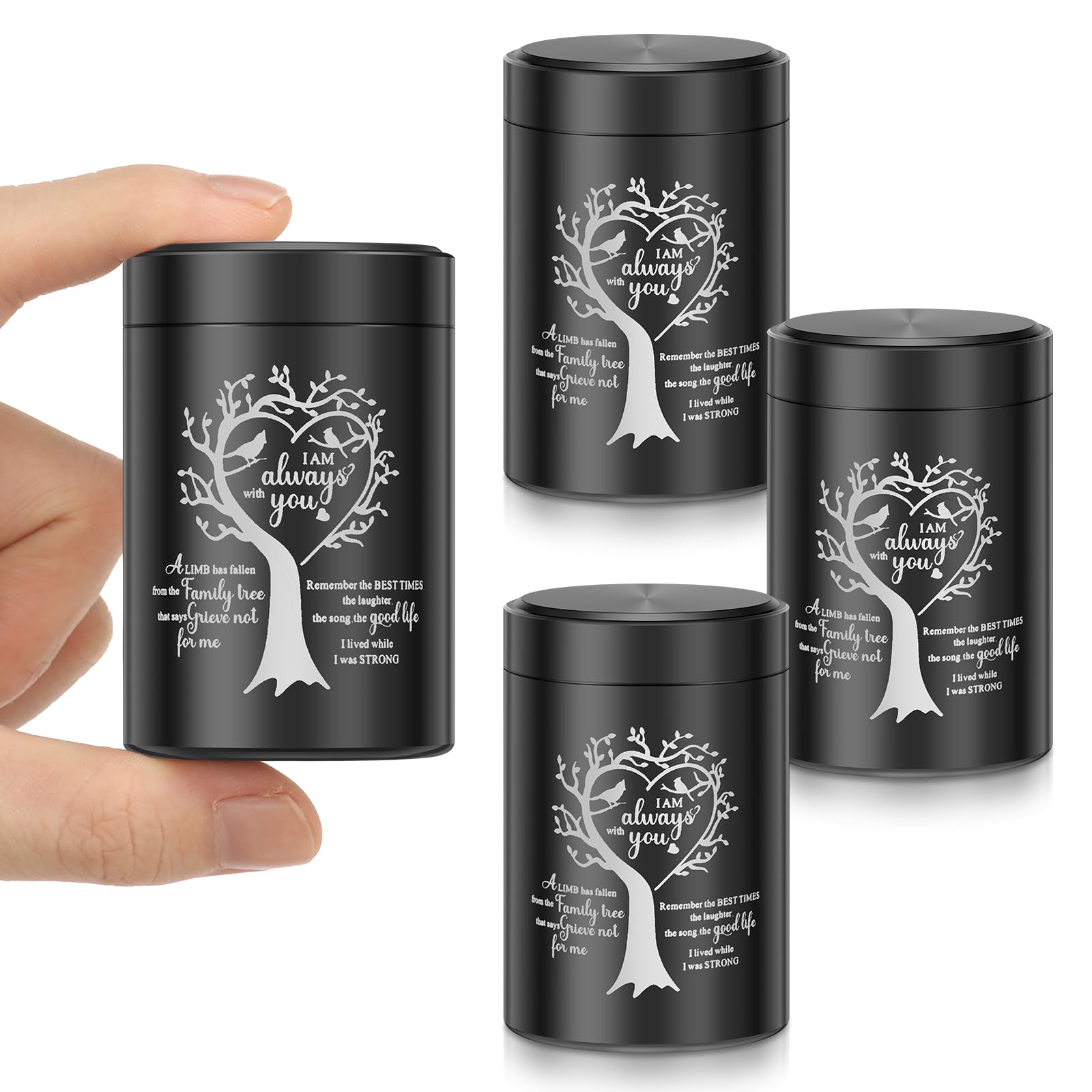 4 Pack Small Urns for Human Ashes Keepsake Tree of Life Mini Cremation Urns for Ashes, Aluminum Alloy Sharing Memorial Urn for Pet Dog Cat Ash, Tiny Funeral Jar with Secure Screw Lid(Black 1,4Pcs)