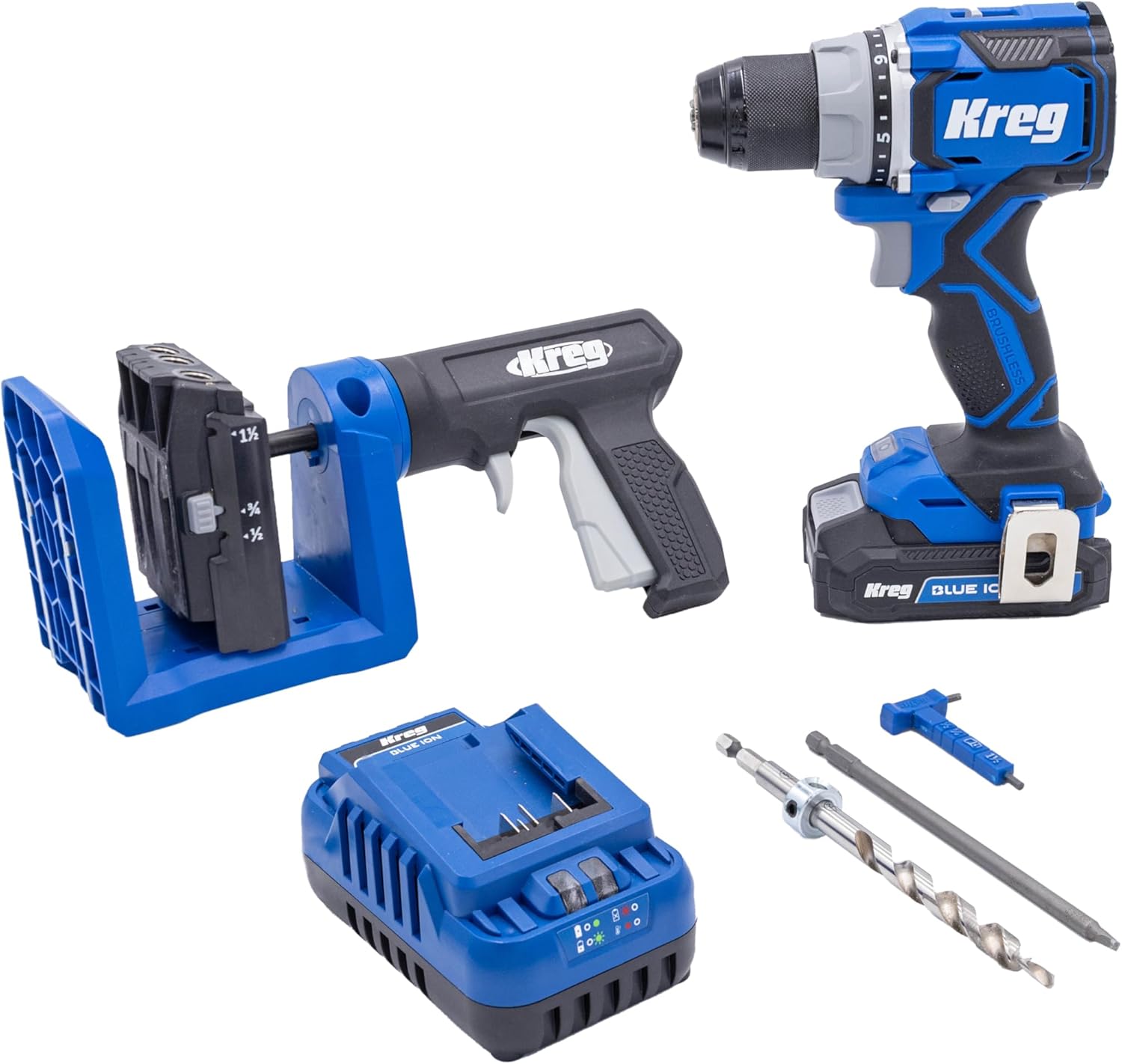Kreg 520 Pro Bundle with Drill, Battery & Charger - Adjustable Pocket Jig - 360° Rotating Handle - Easy Clamping - Durable Joinery Tool with Screws - For Materials 1/2" to 1 1/2" Thick - KPTDR520B