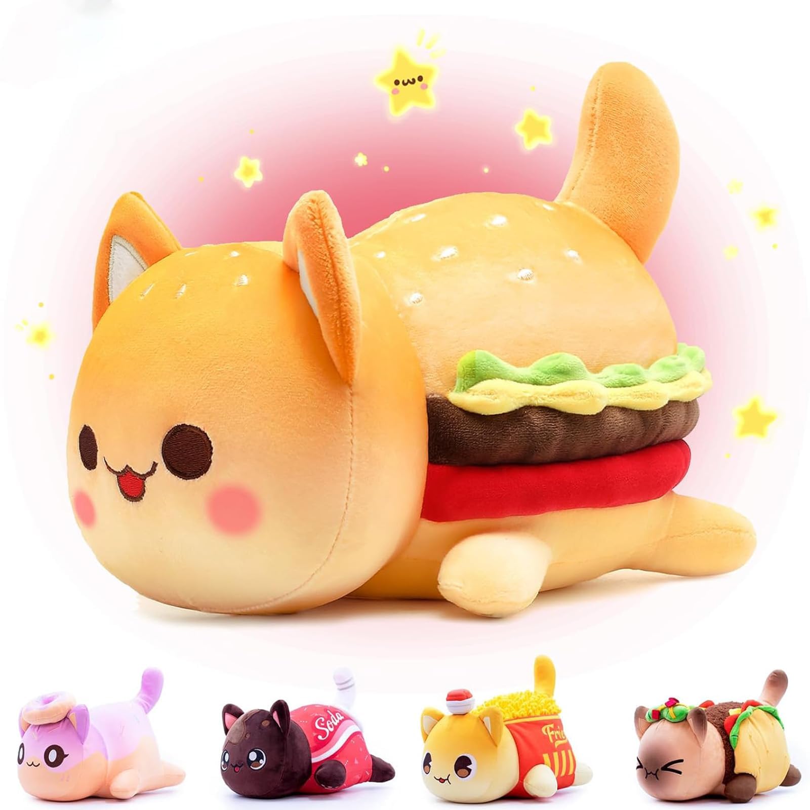 Cat Stuffed Animal Toy,Soft Cat Cushion Plush Pillows Stuffed Toy,Funny Plushie,Soft kitten Stuffed Birthday Festival for Girls Boys Kids (Hamburger Orange)
