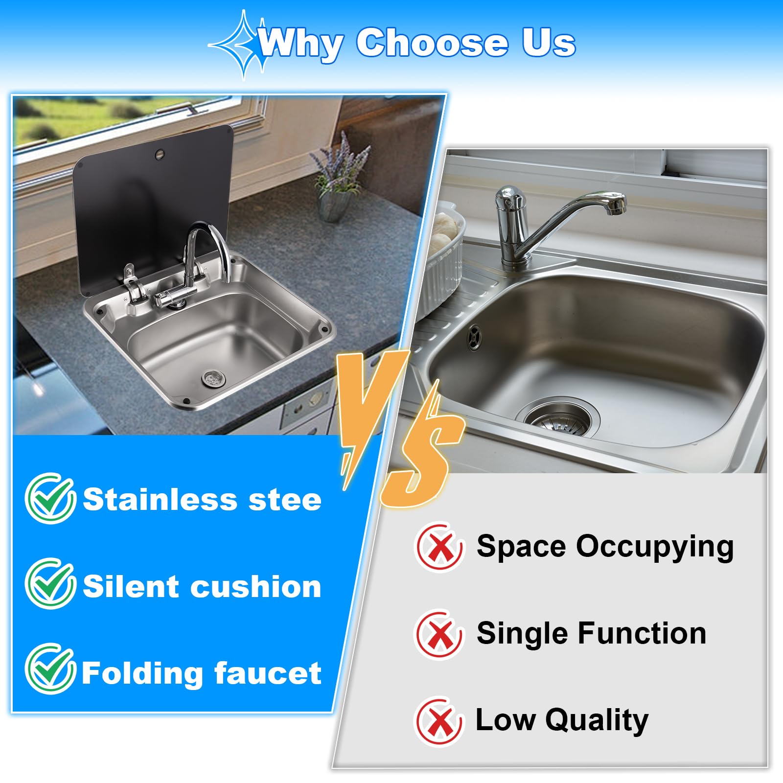 RV Camping Spüle Bausatz mit Klappbarem Wasserhahn, 42 * 37 * 15 cm Edelstahl Camping Spülbecken mit Deckel, Wohnmobil Spülbecken für Wohnmobile und Wohnwagen