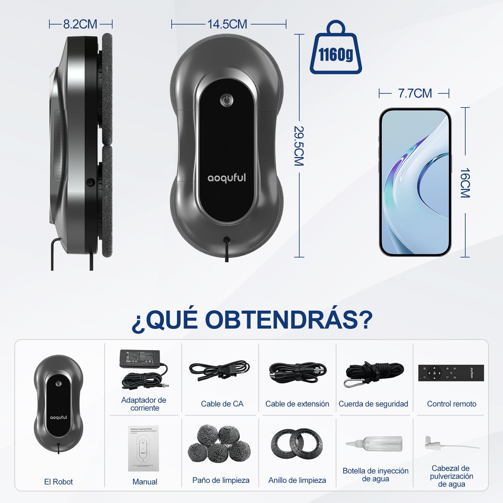 Robot Lavavetri Intelligente - Pulitore Elettrico con Doppio Spruzzo d'Acqua, Controllo Remoto e App, Adatto per Vetri Interni ed Esterni, Include 12 Panni, Grigio