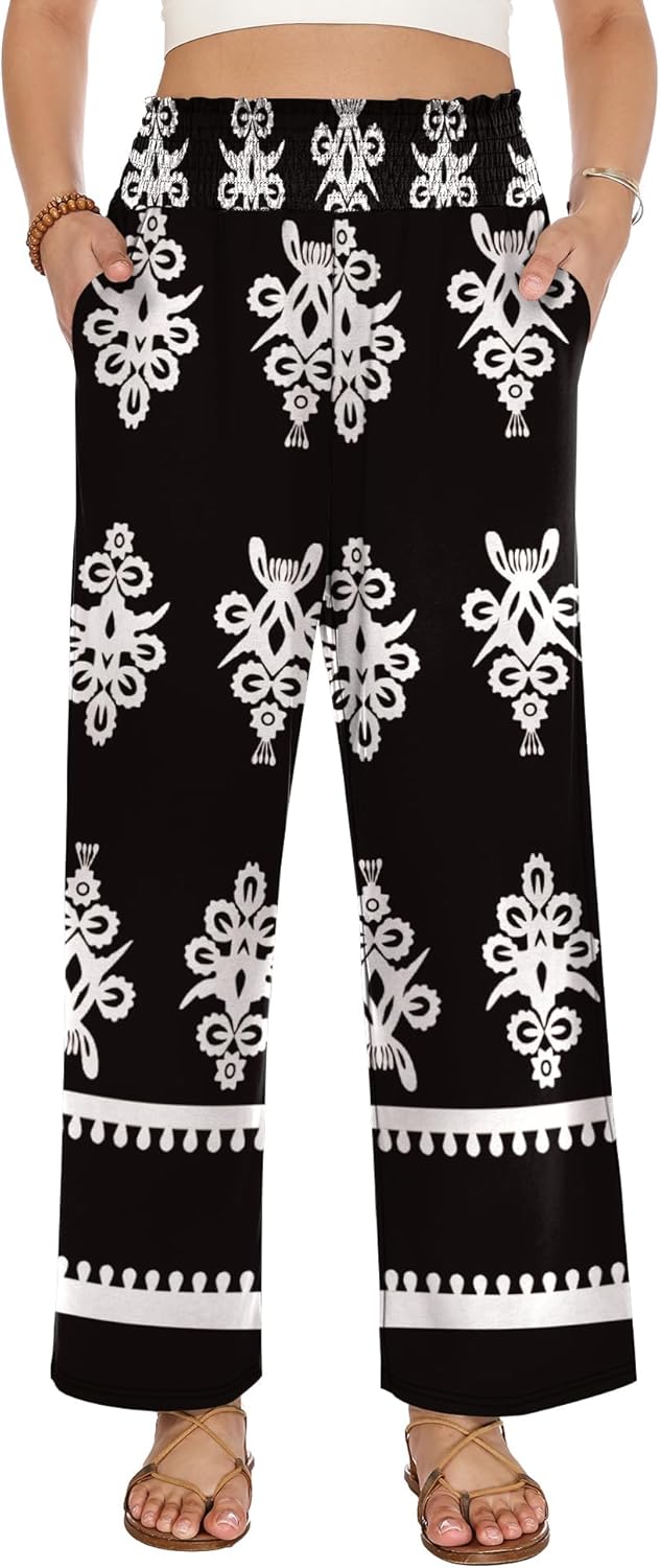 LOMON Palazzo Pants for Women Casual Wide Leg Flowy Pants Beach Vacation Clothes Elastic Waist Boho Trousers with Pockets - Image 2