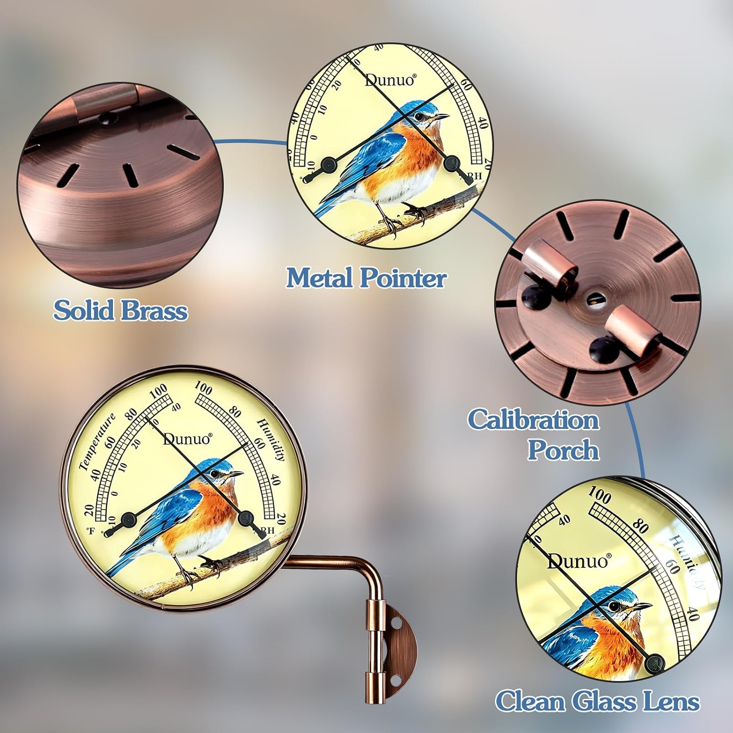 4" Outdoor Thermometer & Humidity Gauge, Brass Bluebird Dial