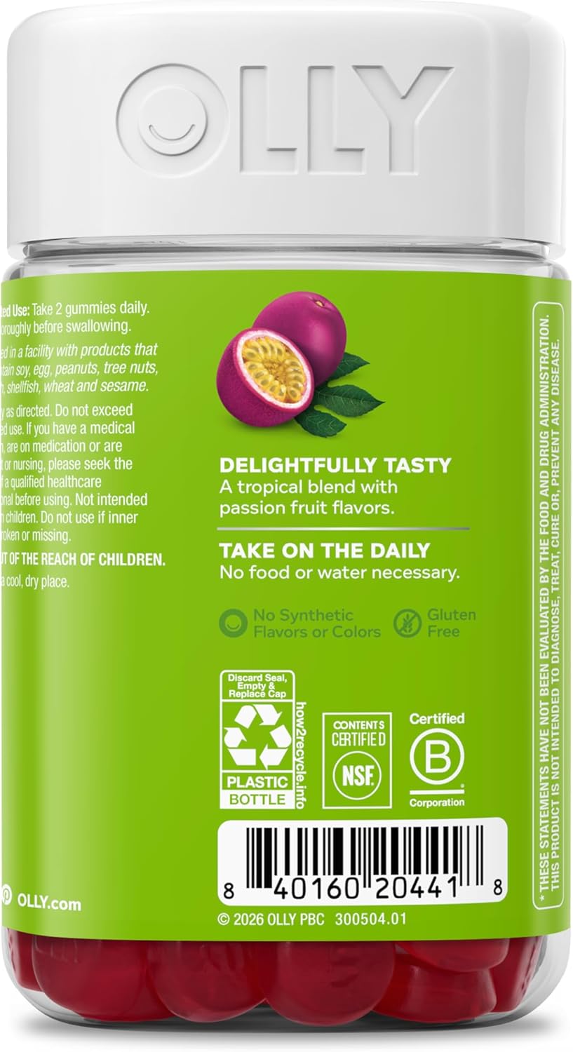 OLLY Daily Energy Gummy, Caffeine Free Cellular Energy Production,* Vitamin B12, CoQ10, Goji Berry, Adult Chewable Supplement, Tropical Passion Flavored, 60 Day Supply - 120 Count