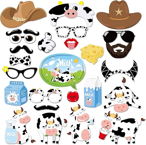 Miniatura 2 de 25 piezas de accesorios para cabina de fotos de vaca con palo, accesorios para selfies con temática de animales de granja, suministros de fiesta de