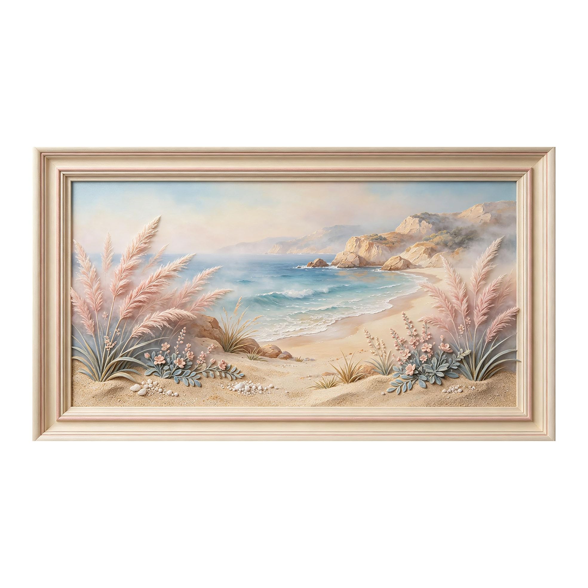 Murasolite 3D Framed Wall Art Coastal Beach Seascape Oil Painting SelfAdhesive Fabric Mural Wall Decor， Peel and Stick No Damage to Wall， AntiFall Safe Design for Bedroom Living Room