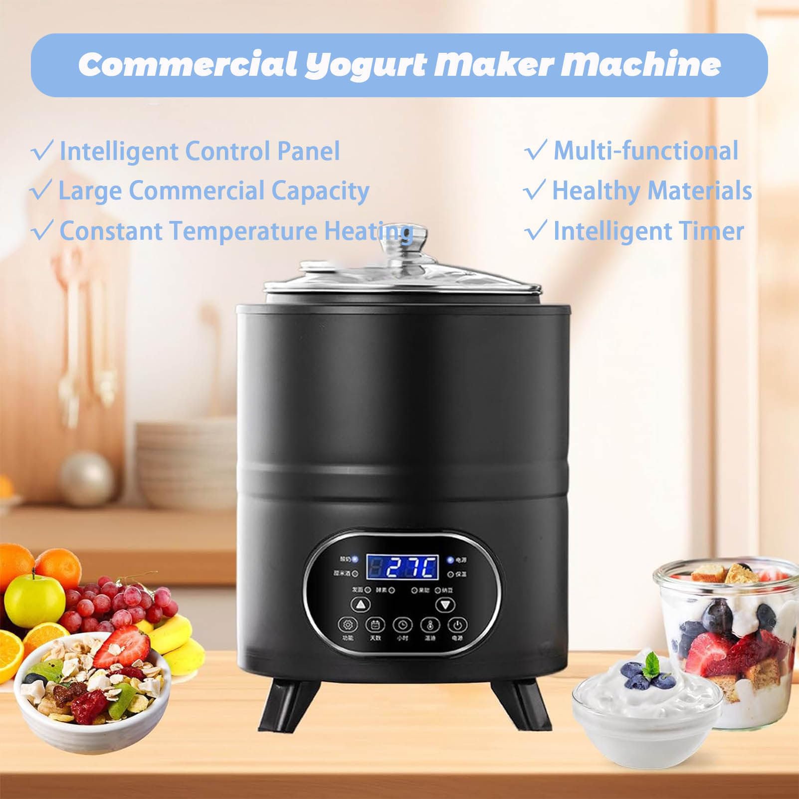Yogurtera, Multifuncional Máquina de Yogur de 8L/12L con Gran Capacidad y Pantalla de Tiempo Yogurt Maker para la Producción de Yogur en Grandes Cantidades Black-12L