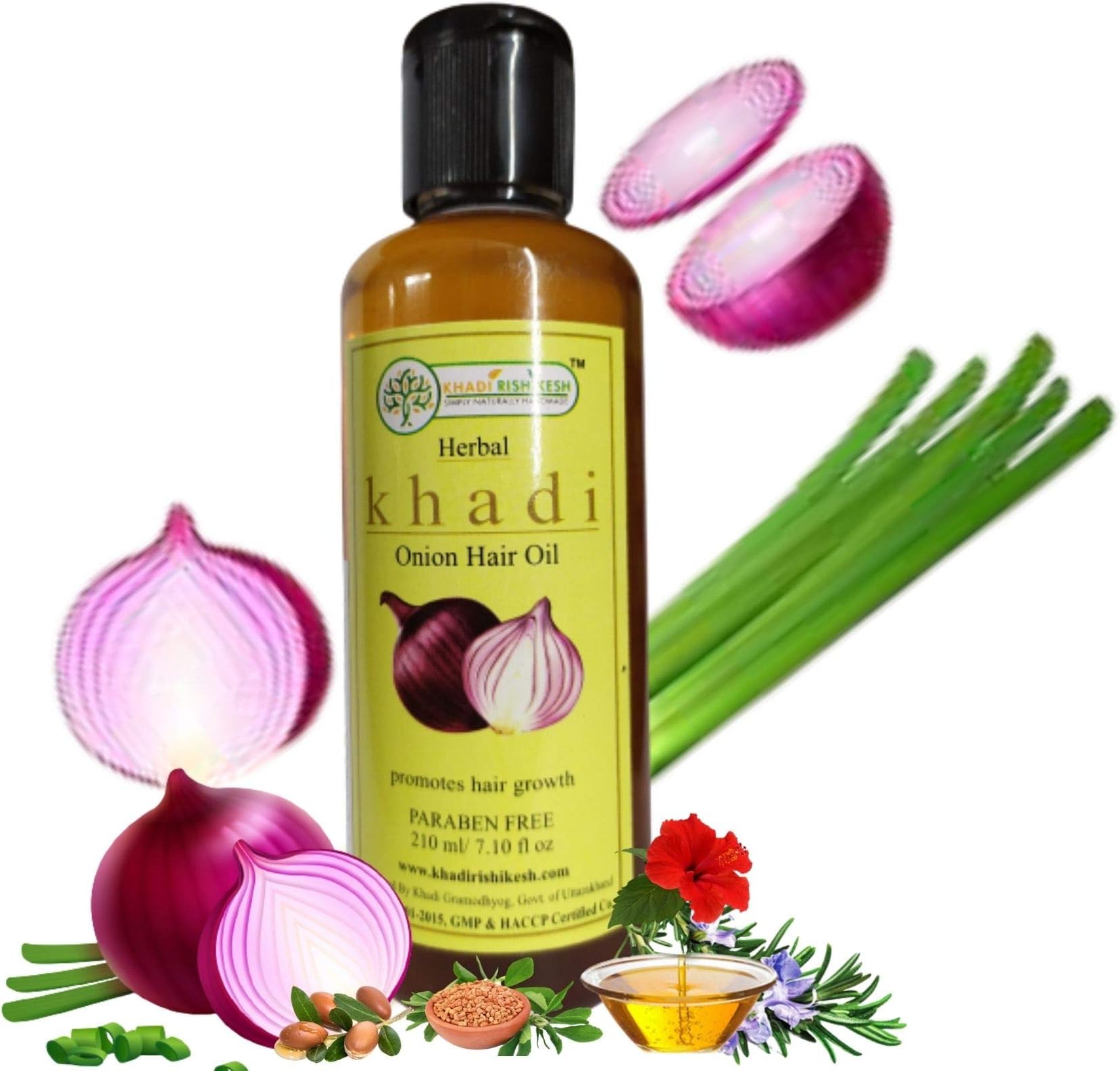KHADI RISHIKESH Ayurvedic Onion Hair Oil for Hair Growth & Hair Fall Control -Anti-Hair Fall Hair Oil- Strong & Thick Hair, Stop Hair Loss ,Promotes, Perfect Go-To Option For Hair Growth With Hibiscus & Bhiringraj Boys & Girls ,Men & Women 210 ML