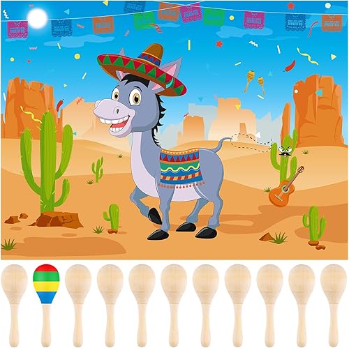 Morcheiong Suministros de recuerdos de fiesta mexicana, incluye 12 piezas de mini maracas de madera y pin la cola en el juego de burro