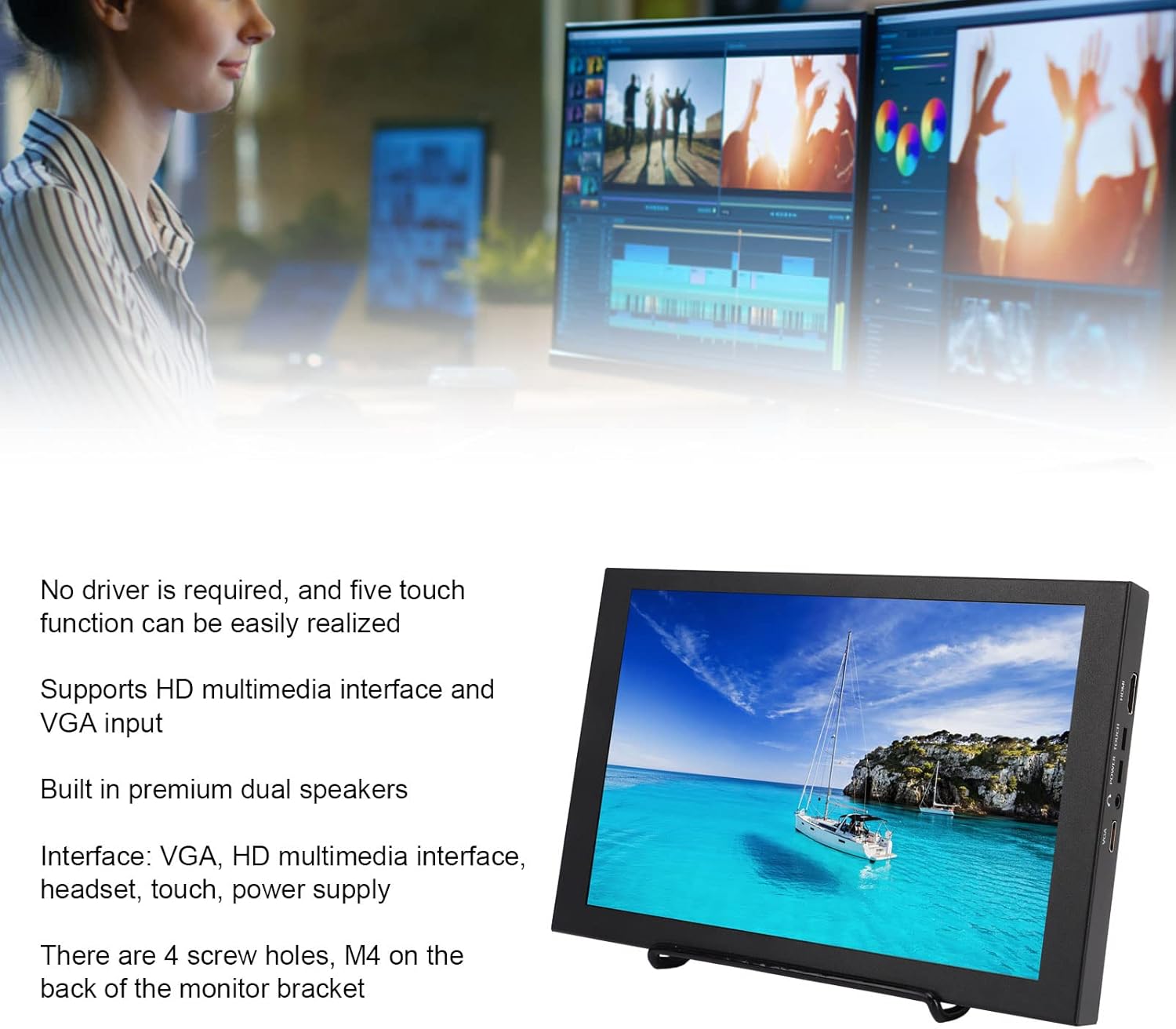 Bewinner 10.1 Inch Portable Touchscreen Monitor with a list of features next to it: 'No driver is required, and five touch function can be easily realized', 'Supports HD multimedia interface and VGA input', 'Built in premium dual speakers', 'Interface: VGA, HD multimedia interface, headset, touch, power supply', 'There are 4 screw holes, M4 on the back of the monitor bracket'.