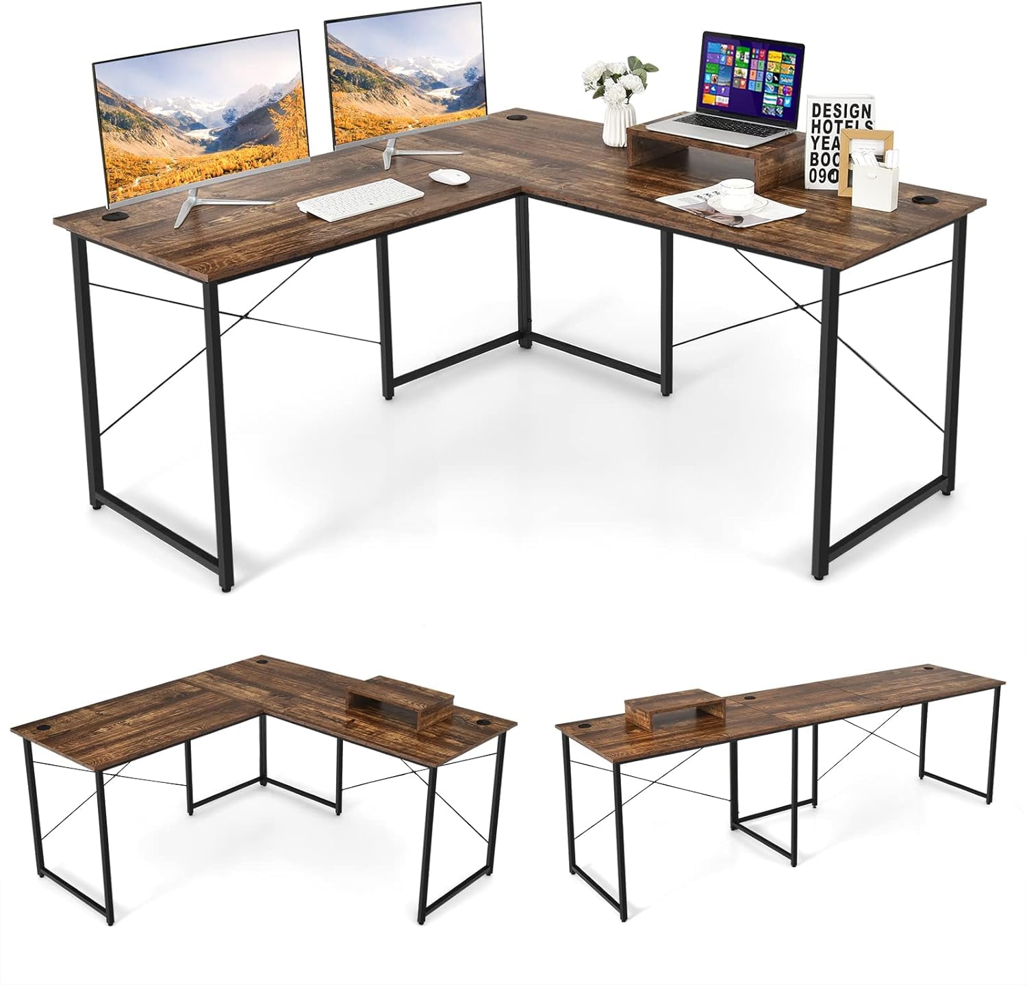 FANTASK 150 x 150 x 74 cm Escritorio en Forma de L marrón rústico, Mesa de Esquina con 3 Agujeros para Cables, Escritorio de Esquina Reversible con Soporte para Monitor, Mesa de Ordenador para