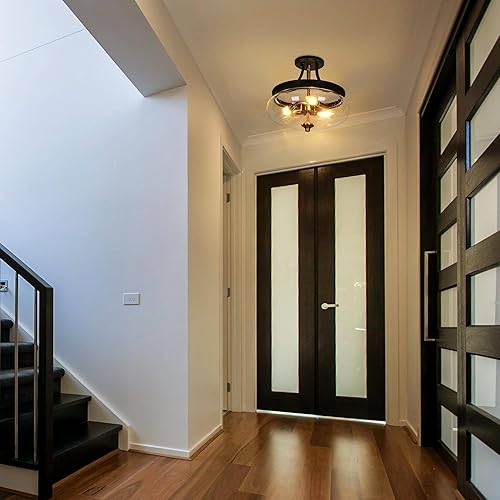 Miniatura 3 de Lámpara de techo semiempotrada, color negro y dorado, lámpara de techo de 3 luces moderna de granja con vidrio sembrado para cocina, dormitorio,