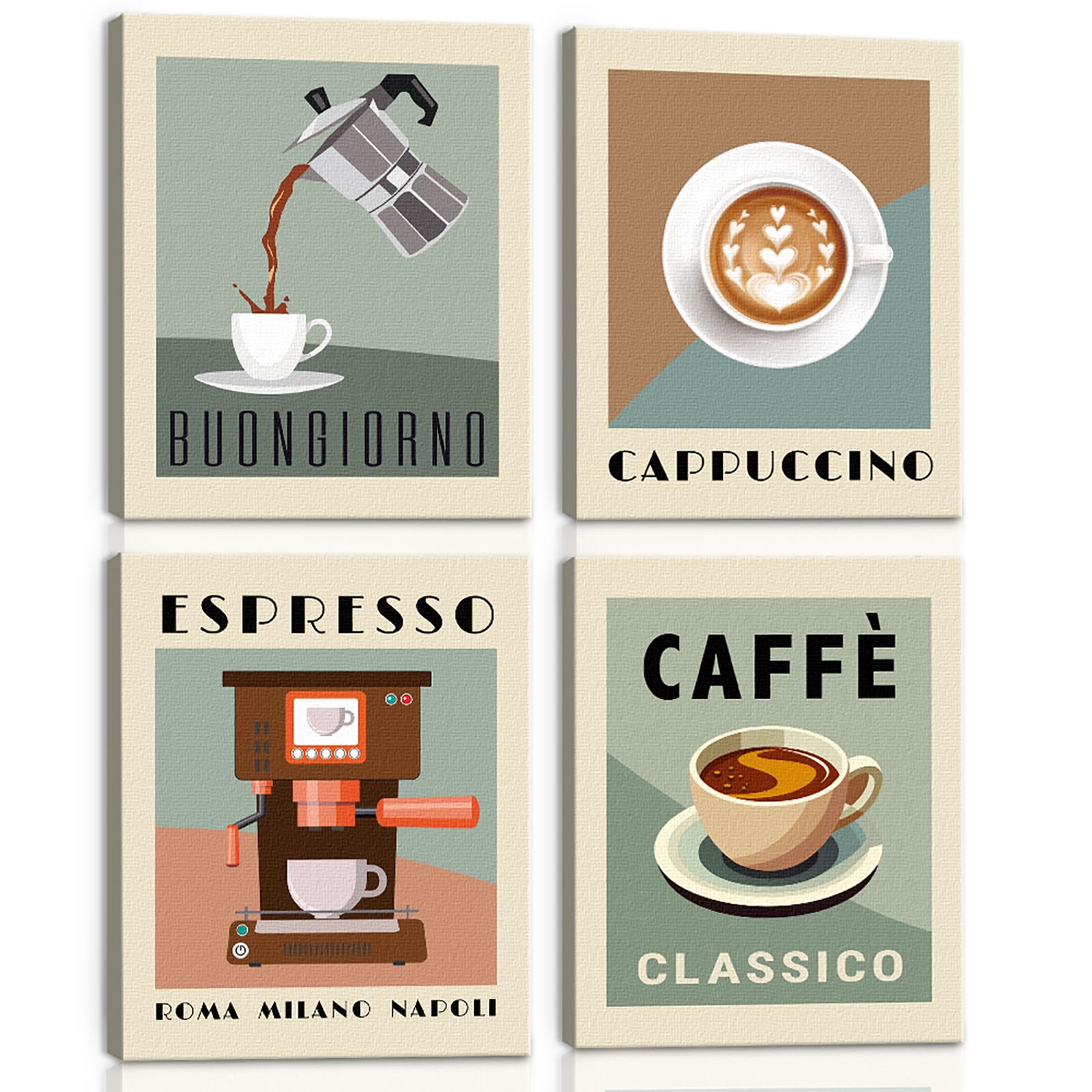 BINCUE 4 Teilig Retro Kaffee Leinwandbilder Wandkunst,Kaffee Bar Küchen Wanddekoration,Cafe Coffee Kaffeetasse Kaffeebohnen Frühstück Bilder Deko Für Zuhause Esszimmer Bäckerei Kaffeeshop,20x25cm