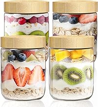 4 Pieces Glass Jars with Lids, 480ML Overnight Oats Jar, Reusable Glass Jars with Wooden Screw Cap, for Yogurt, Cereal, Meal Prep