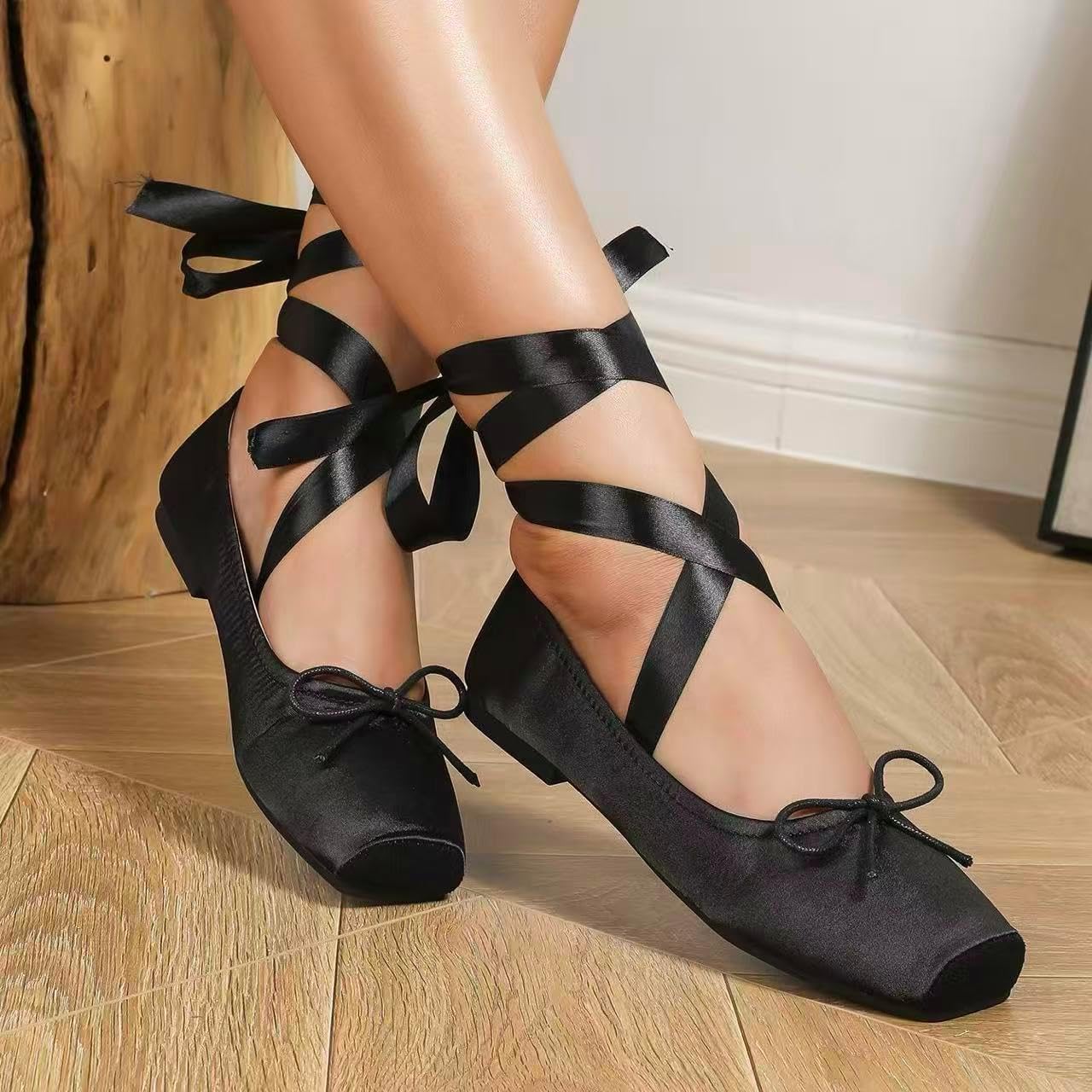 Womens Satin Ballet Flats 2026,Closed Square Toe Lace Up Bow Pumps Prom Shoes Arch Support Ankle Strap Ribbon Ballerina Comfortable Dressy Dance Wedding Bride Chunky Block Heel Flats