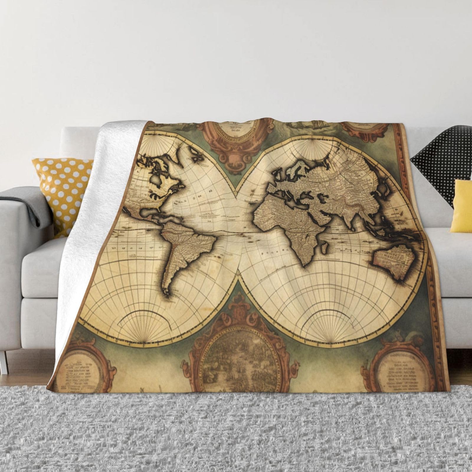 Couverture polaire vintage carte du monde pour cocooning au salon