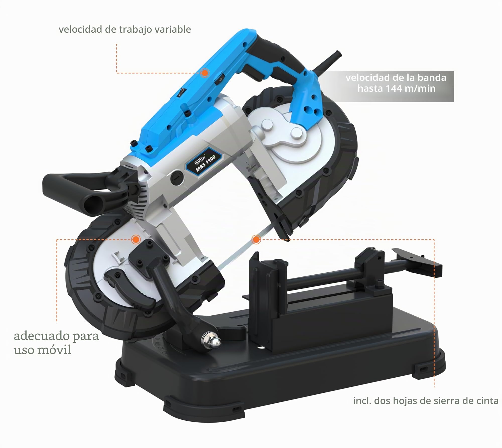 Güde Sierra de cinta metálica MBS 1100 (1100 W, mesa de trabajo extraíble (uso estacionario y móvil), velocidad de banda 144 m/min, 2 cintas de sierra 1140 mm, luz LED, potencia de corte
