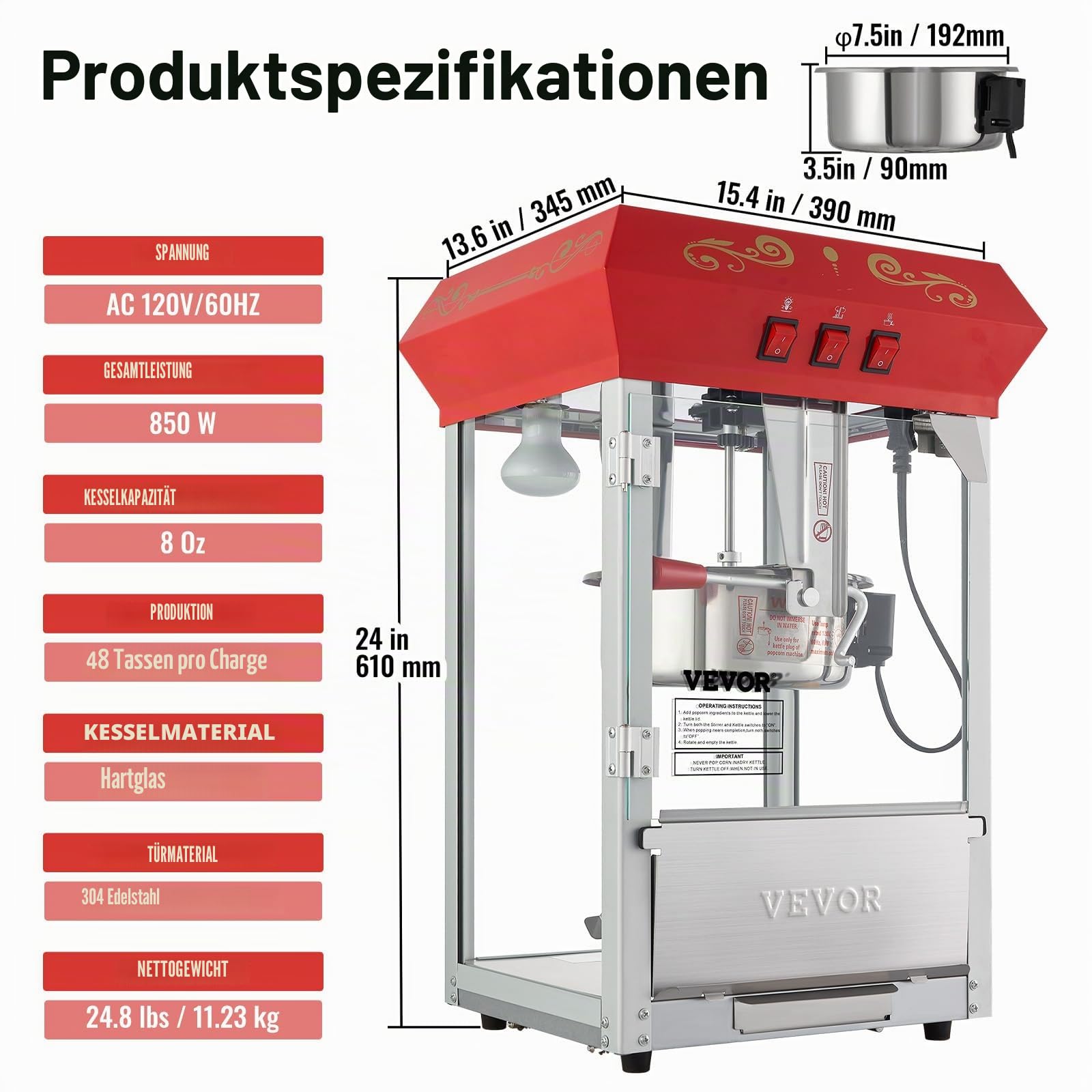 VEVOR Popcornmaschine Popcornautomat Popcorngerät 850 W, 8 oz Kessel für 48 Tassen pro Ladung, Popcornmaschine für die Arbeitsplatte mit gehärtetem Glas, inklusive 4 Schaufeln Maschine mit Kino-Stil