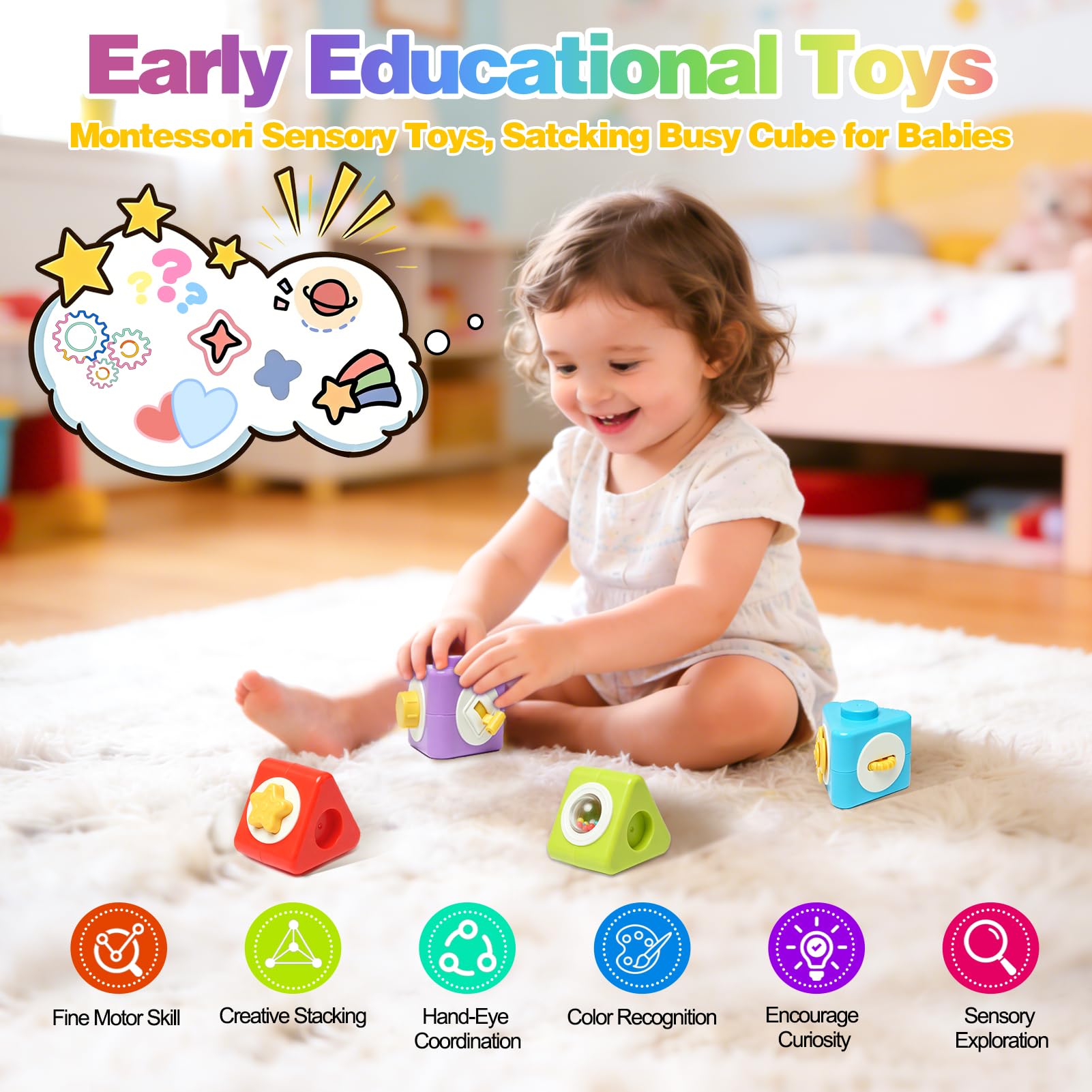 JoyLife Montessori kostka motoryczna i zabawka do układania w stos od 1 roku, 12 w 1, klocki sensoryczne, zabawka podróżna do samolotu i samochodu, prezent dla małych dzieci w wieku 1-2 lat, dla