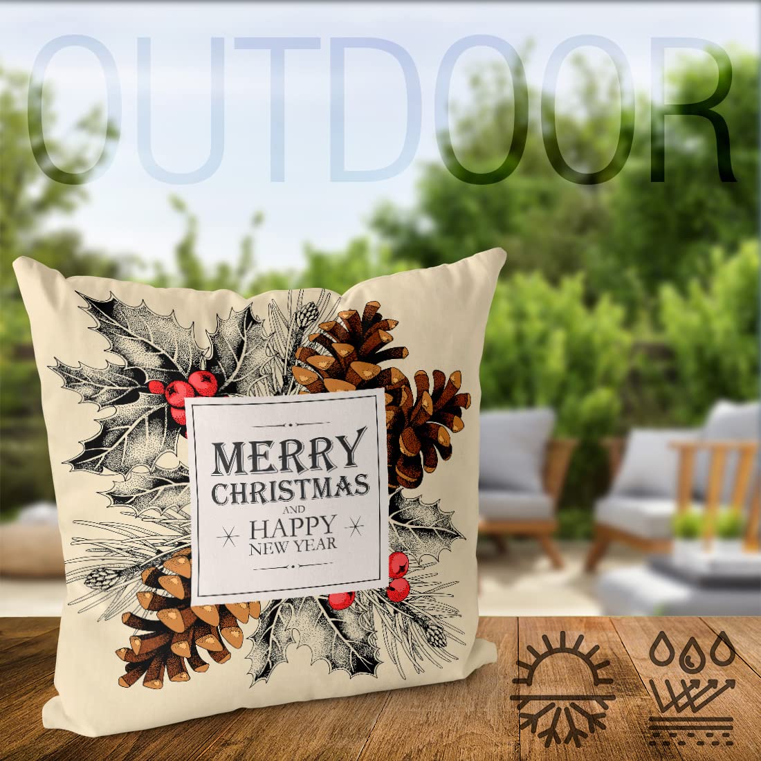 VOID Buon Natale Cono di Abete Cuscini federe Poliestere Impermeabile per Uso Outdoor e Indoor, Kissen Size:60 x 60 cm