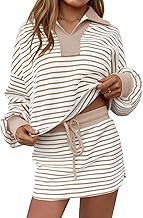 Fisoew Womens Striped 2 Piece Outfits Casual Sweatshirt Skirt Set Long Sleeve Skort Workout Set Matching Lounge Sets