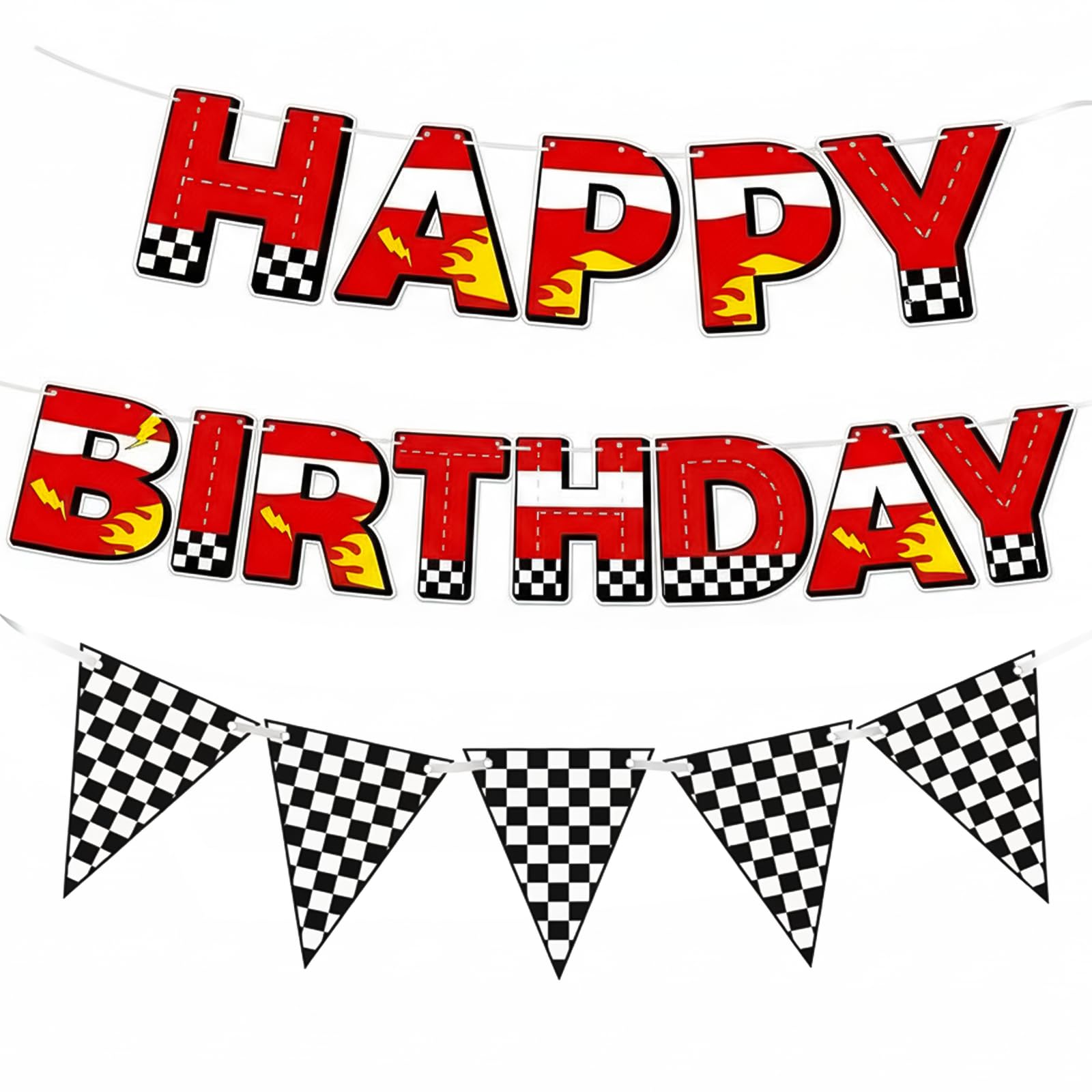 DAQUN Racing Car Birthday Banner Set, Happy Birthday Backdrop with Red Checkered Flag Bunting for Car Theme Party Decorations