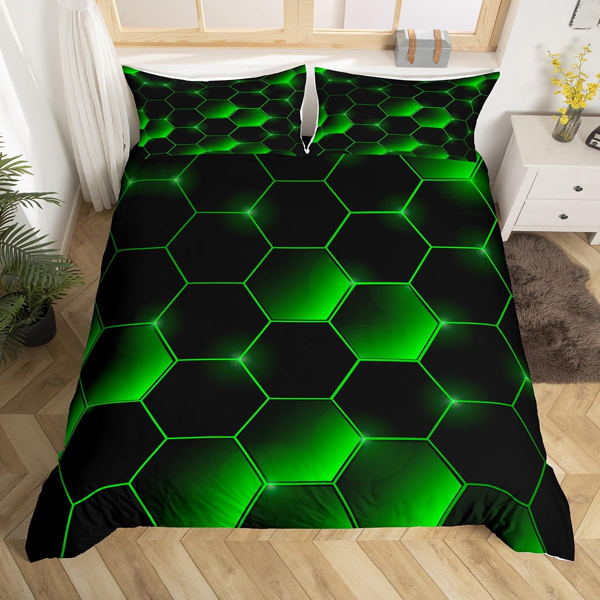 Fluorescent Green Geometric Honeycomb Duvet Cover Beehive Hexagon Bedding Set Geometric Honeycomb Comforter Cover Simplistic Decor With 2 Pillow Case King